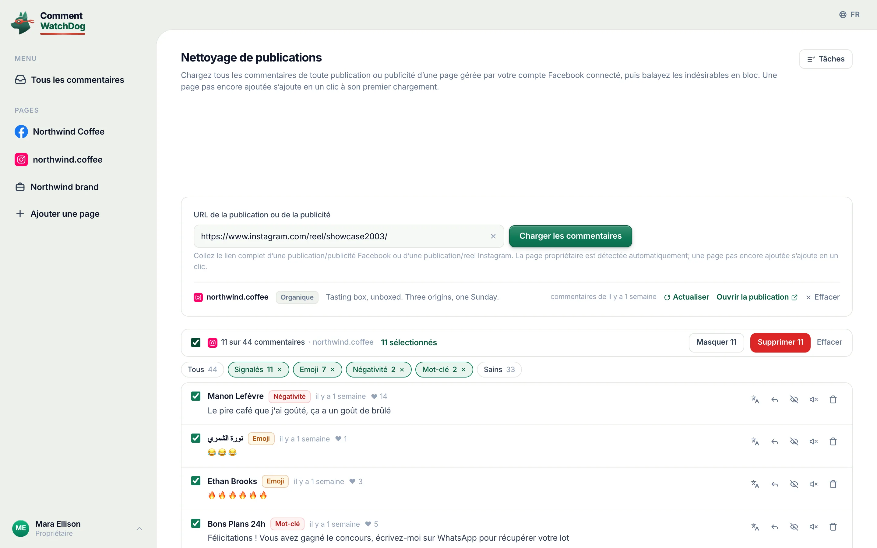Chaque commentaire signalé sur le reel sélectionné, avec Masquer et Supprimer affichés.