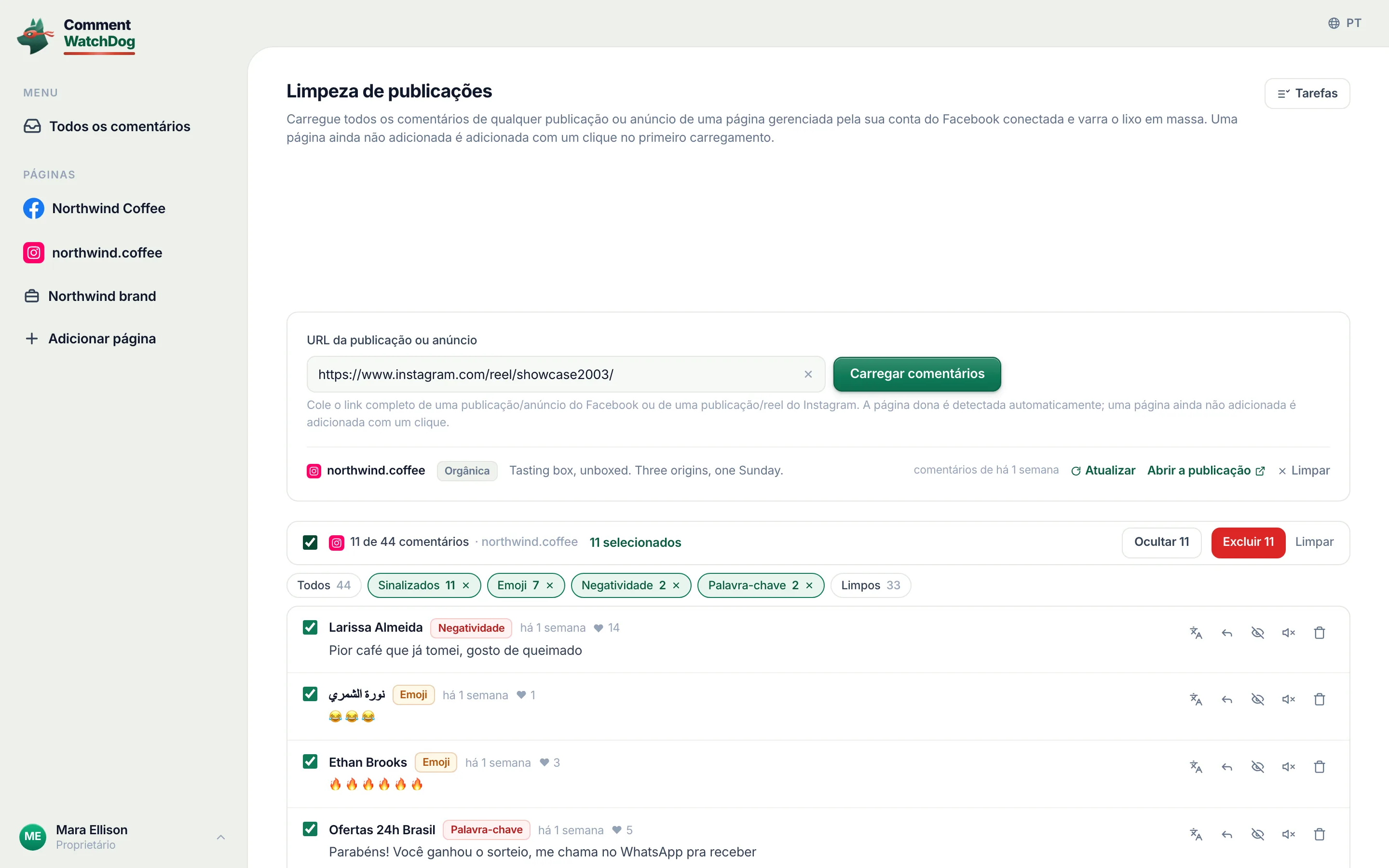 Cada comentário sinalizado no reel selecionado, com Ocultar e Excluir mostrando.
