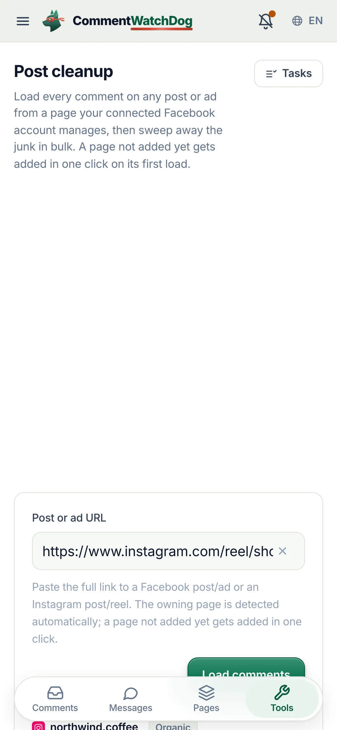 Post cleanup on September 17, 2026 with an Instagram reel's link in the box, ringed, and the reel's comments listed below it.