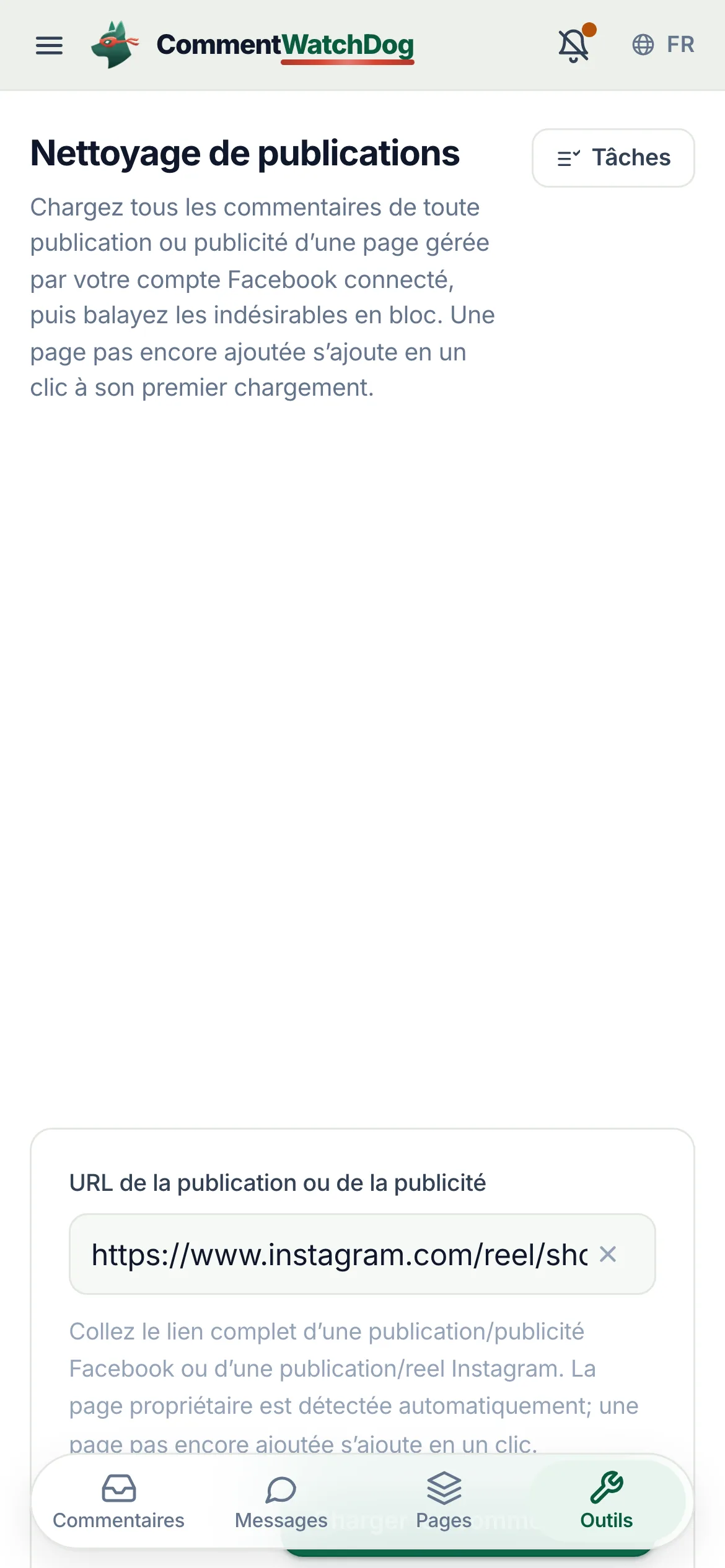 Nettoyage de publication le 17 septembre 2026 avec un lien de reel Instagram dans la boîte, entouré, et les commentaires du reel listés en dessous.