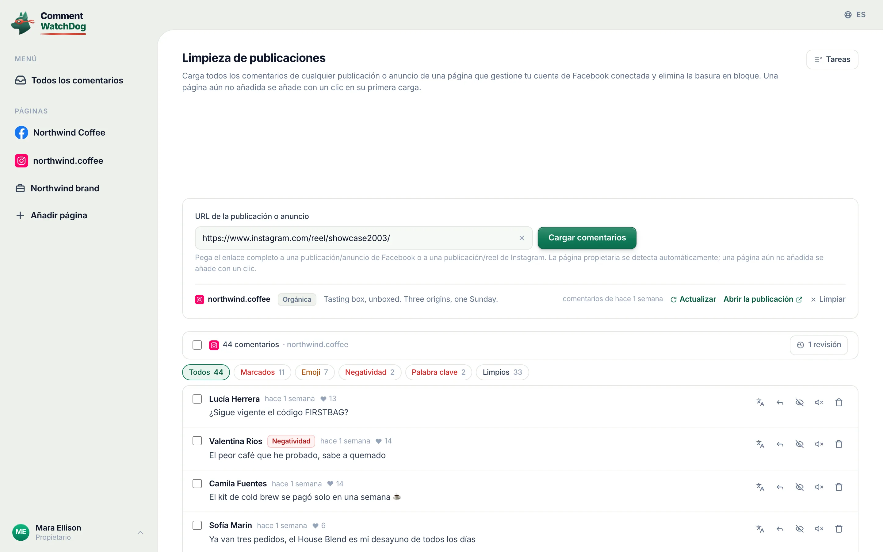 Limpieza de publicaciones el 17 de septiembre de 2026 con un enlace de reel de Instagram cargado, los comentarios del reel listados debajo de la caja.