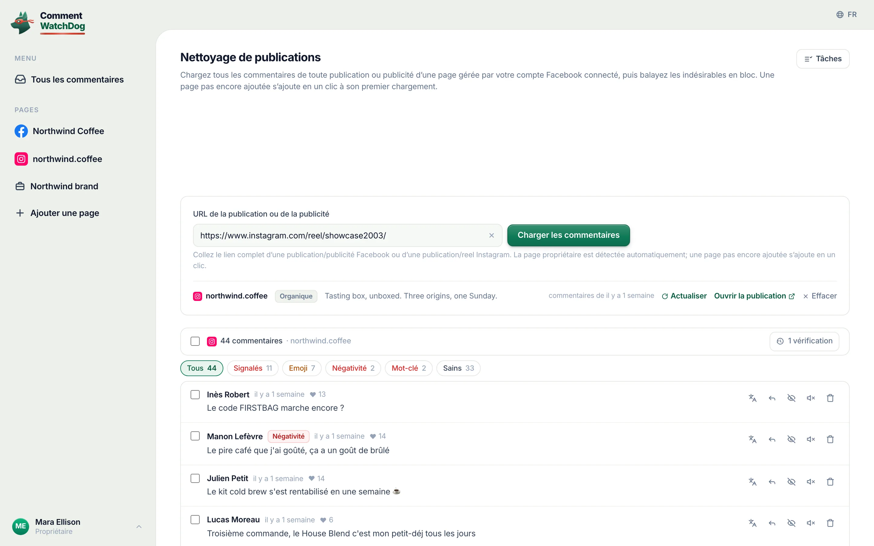 Nettoyage de publication le 17 septembre 2026 avec un lien de reel Instagram chargé, les commentaires du reel listés sous la boîte.