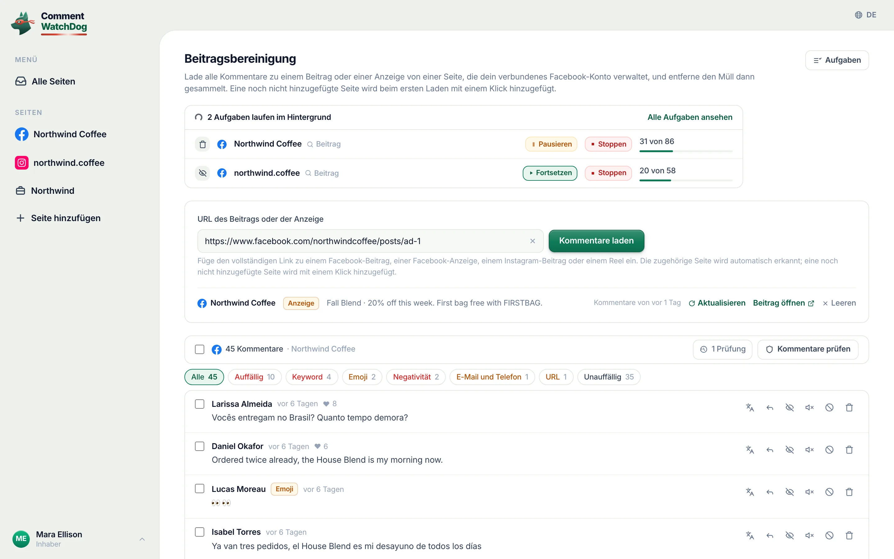 Beitragsbereinigung: ein eingefügter Beitragslink, seine 42 Kommentare geladen, die auffälligen nach Grund gezählt.