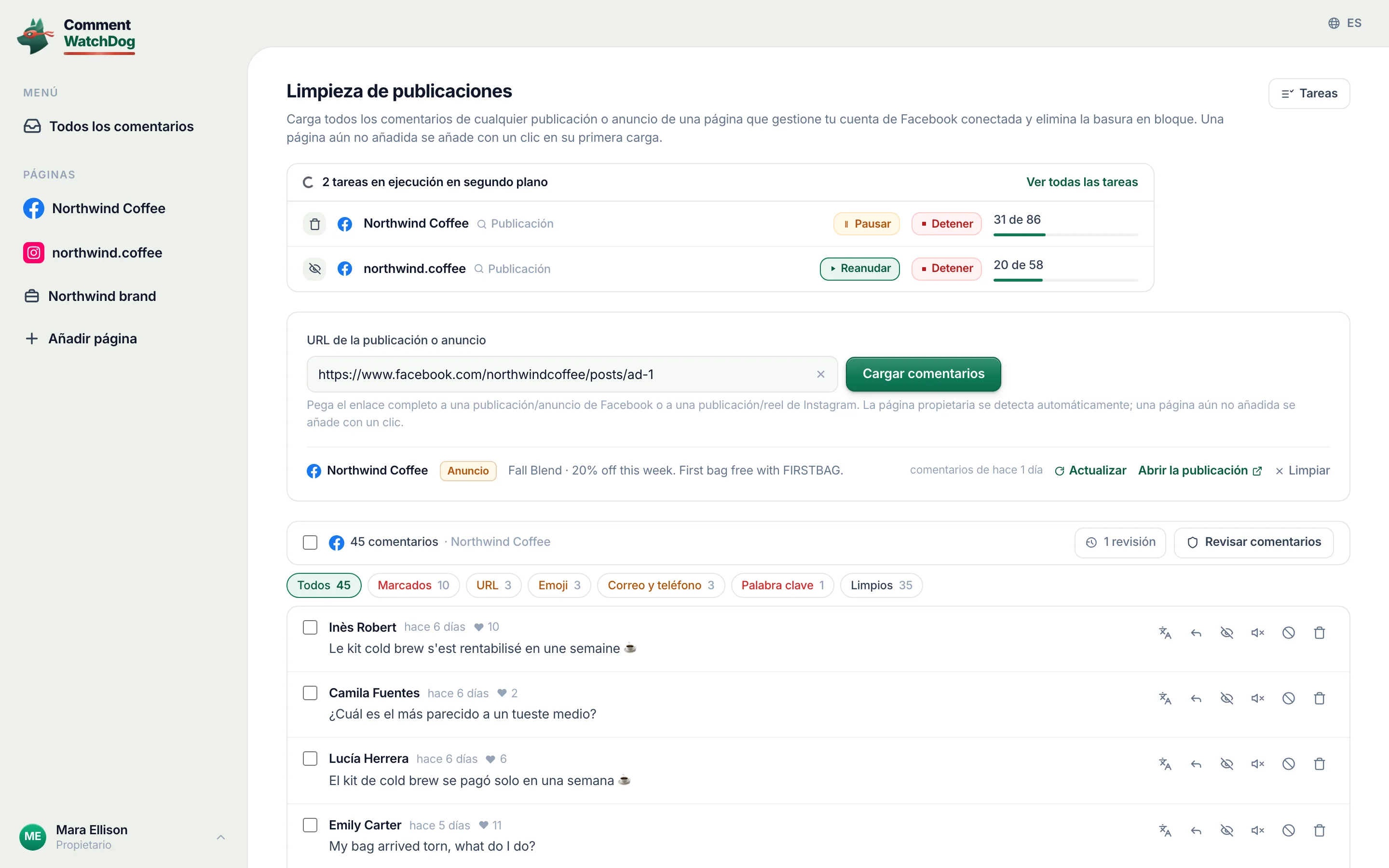 Limpieza de publicaciones: un enlace pegado, sus 42 comentarios cargados, los marcados contados por motivo.