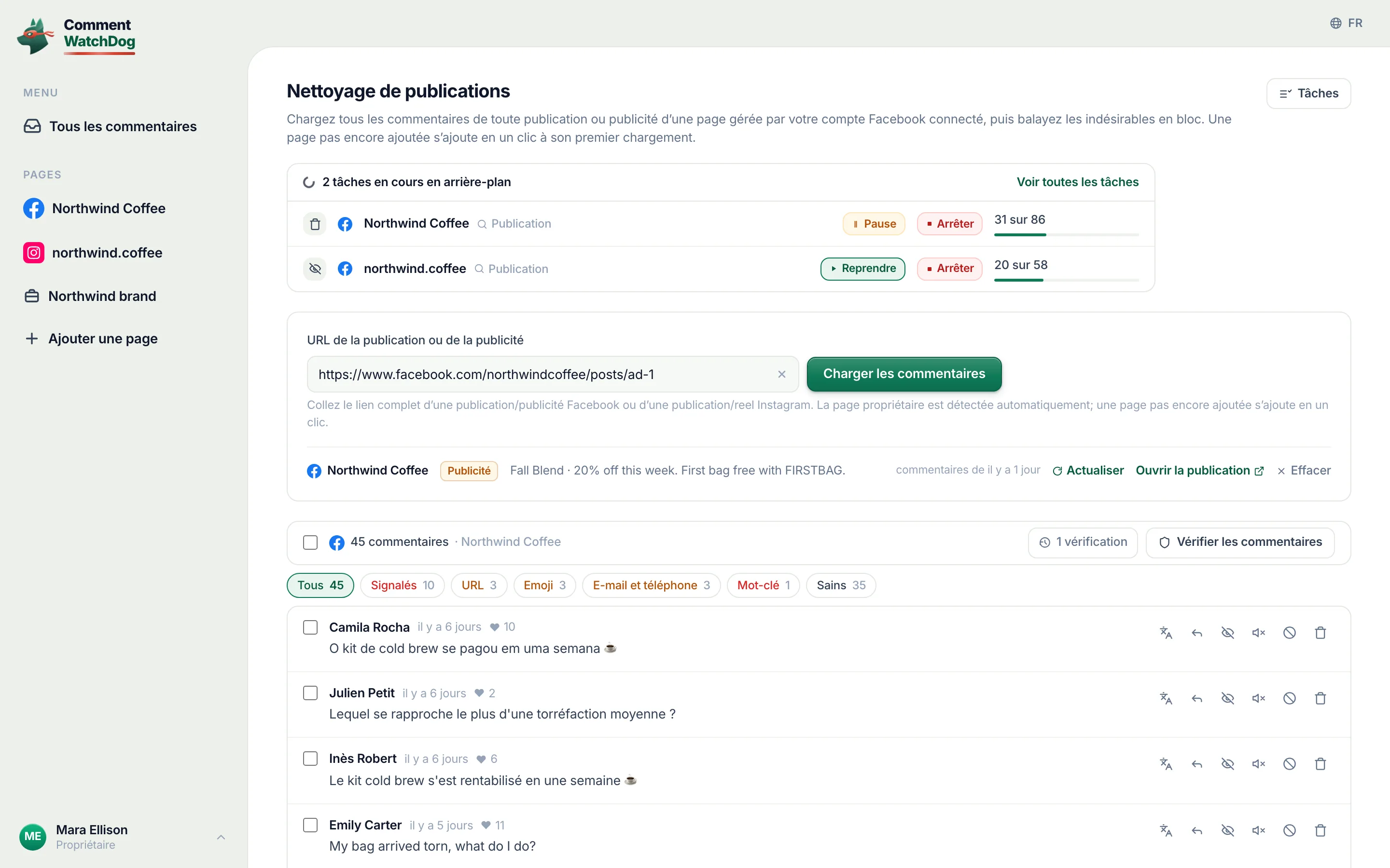 Nettoyage de publications : un lien collé, ses 42 commentaires chargés, les signalés comptés par motif.