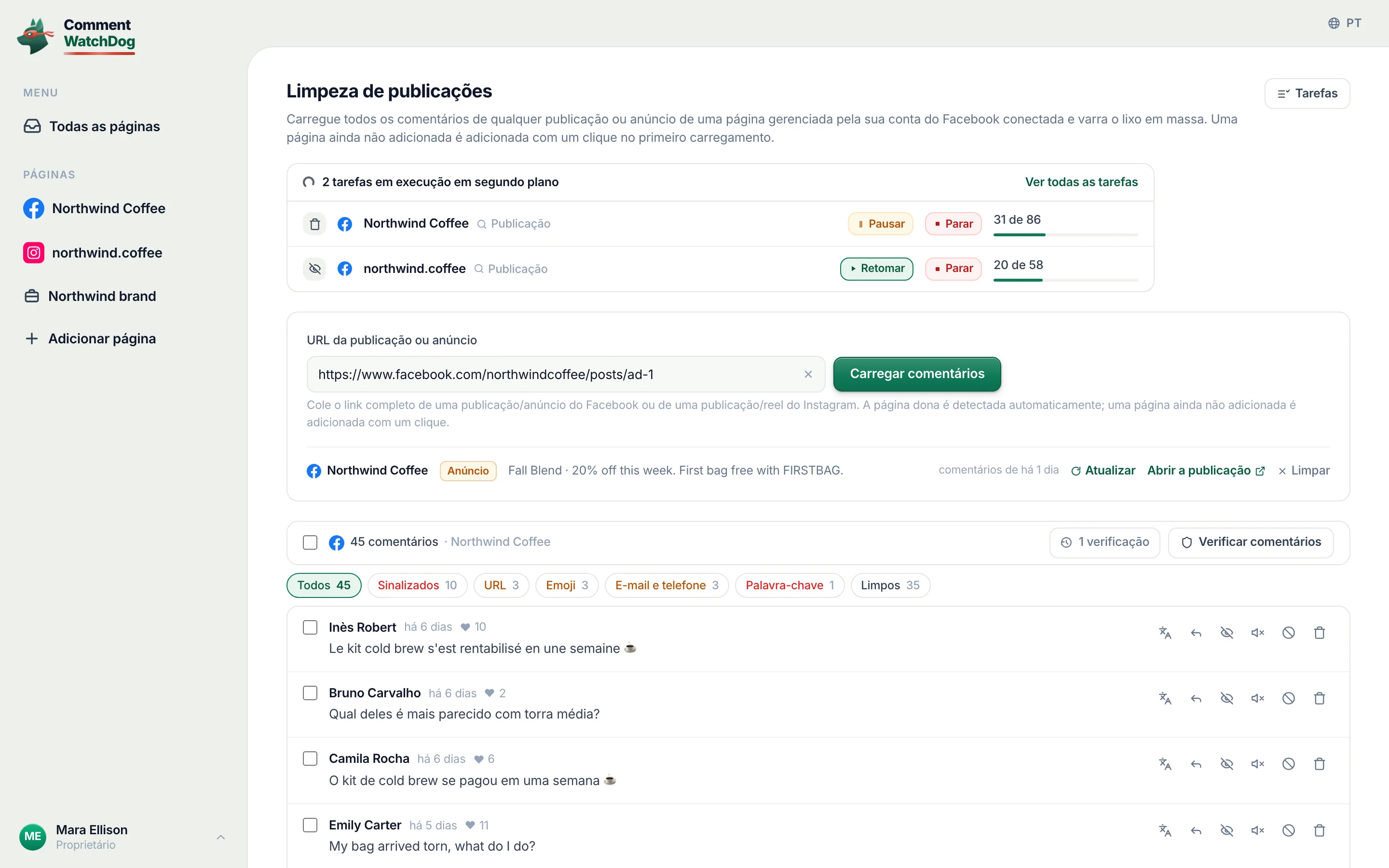 Carregue todos os comentários de uma publicação ou anúncio, depois limpe o lixo em massa.