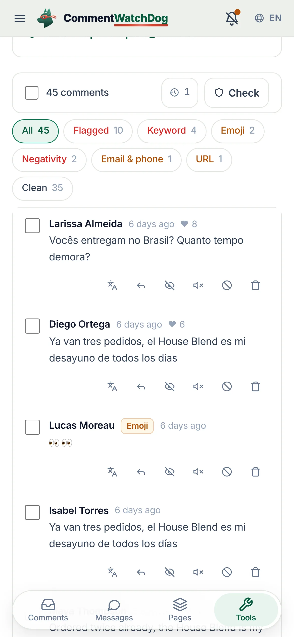 Post cleanup with a post loaded: filters, a bulk selection and the banner counting the comments deleted.