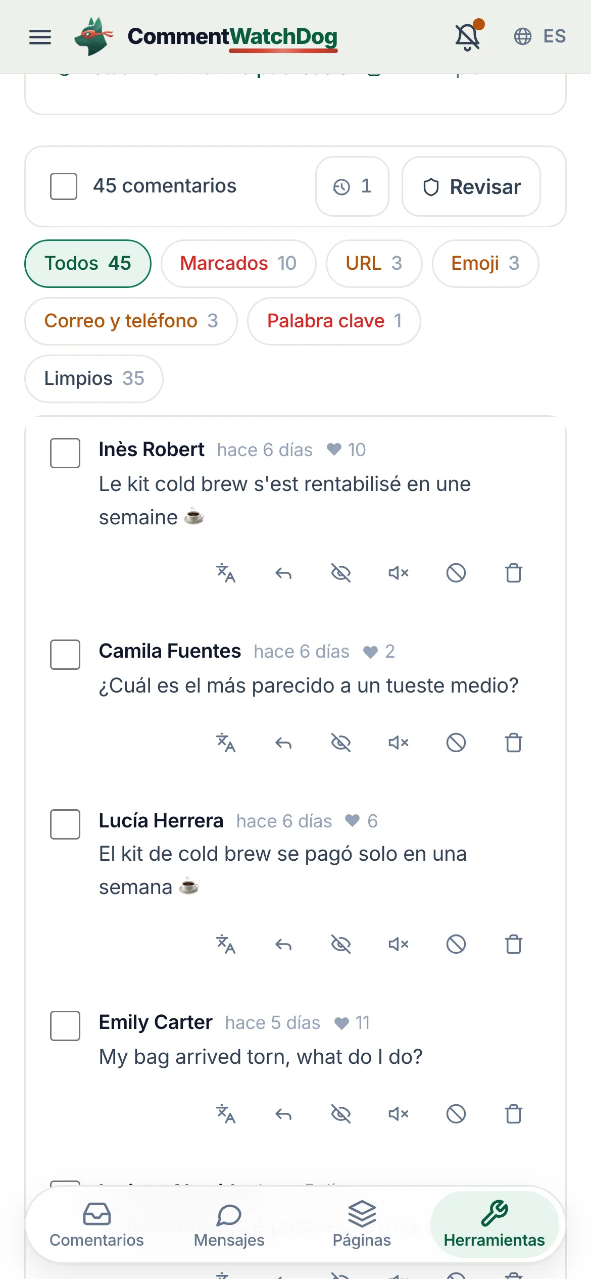 Limpieza de publicaciones con una publicación cargada: filtros, una selección en bloque y el aviso que cuenta los comentarios eliminados.