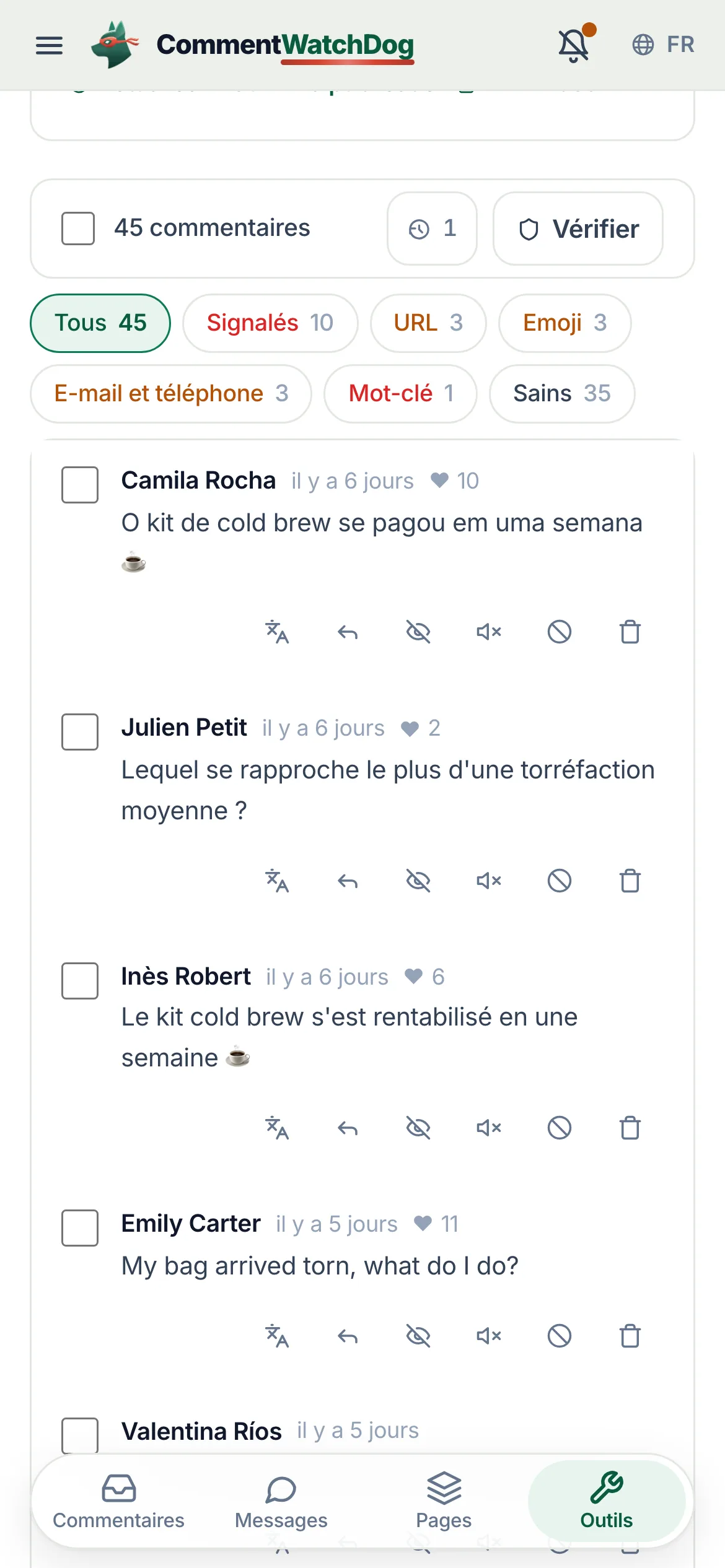 Nettoyage de publications avec une publication chargée : filtres, une sélection en masse et le bandeau qui compte les commentaires supprimés.
