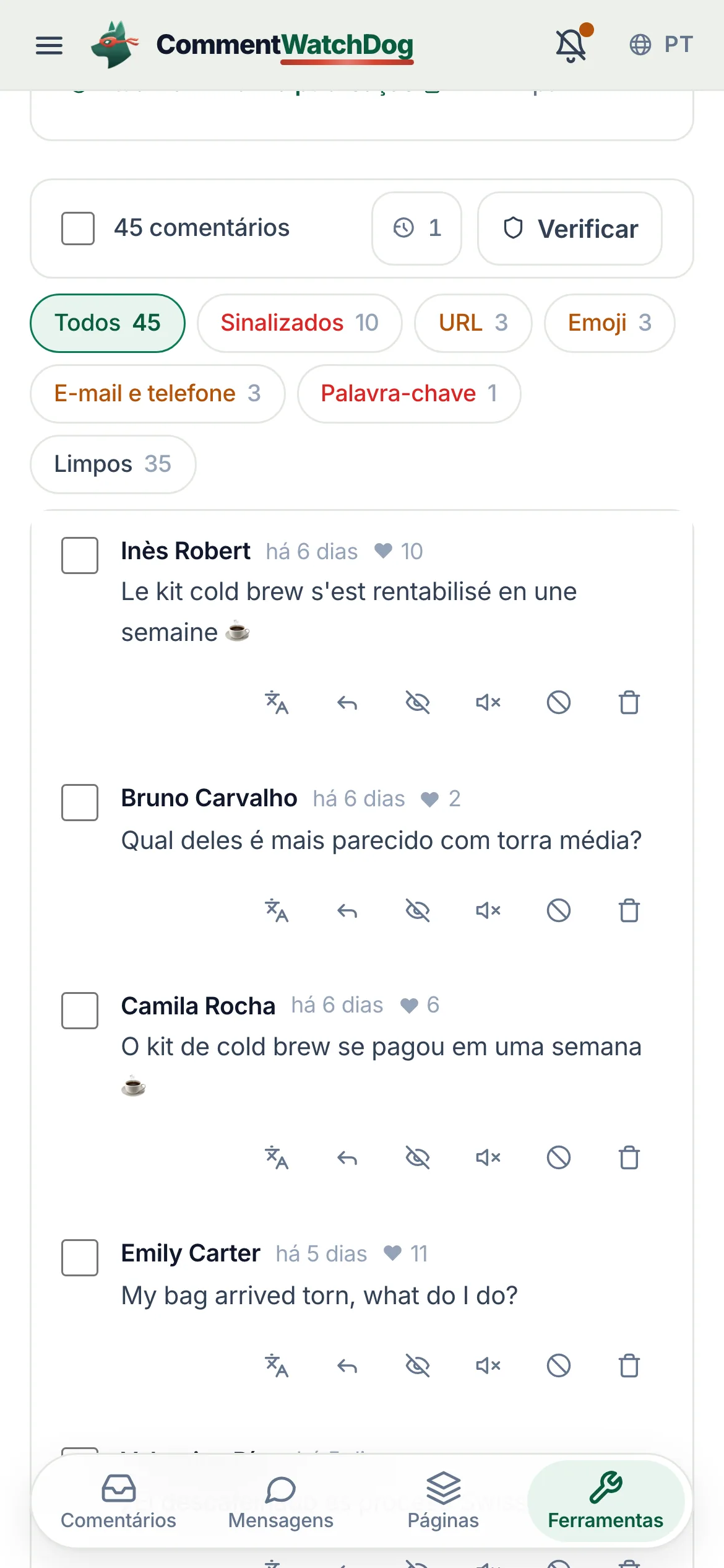 Limpeza de publicações com uma publicação carregada: filtros, uma seleção em massa e o aviso contando os comentários excluídos.