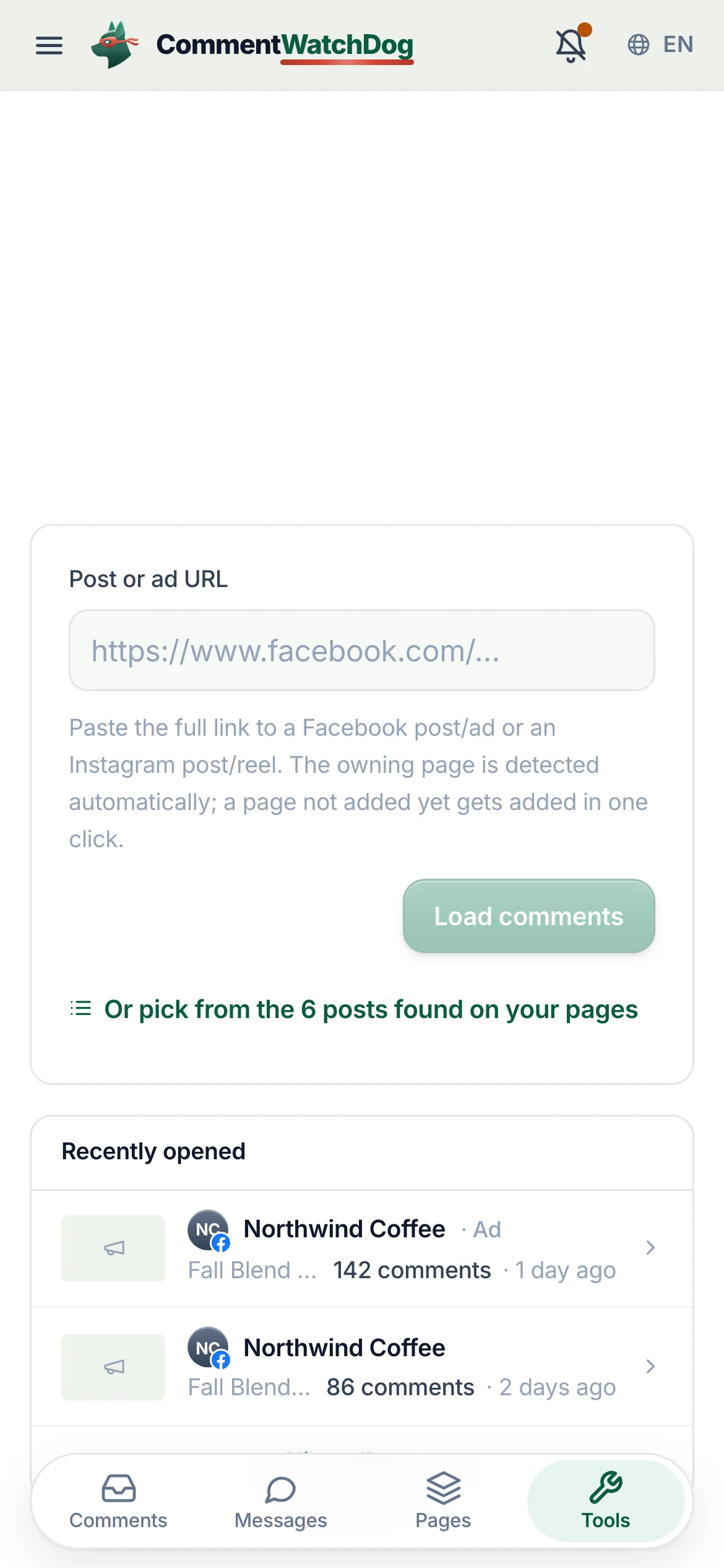 Paste the link. Any post, ad or reel from a page your Facebook account manages. The owning page is detected; a page not added yet is added in one click.