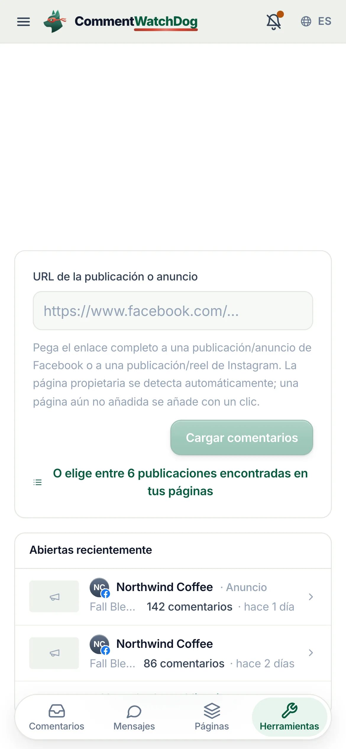 Pega el enlace. Cualquier publicación, anuncio o reel de una página que gestione tu cuenta de Facebook. Se detecta la página propietaria; si aún no se ha añadido, se agrega con un clic.