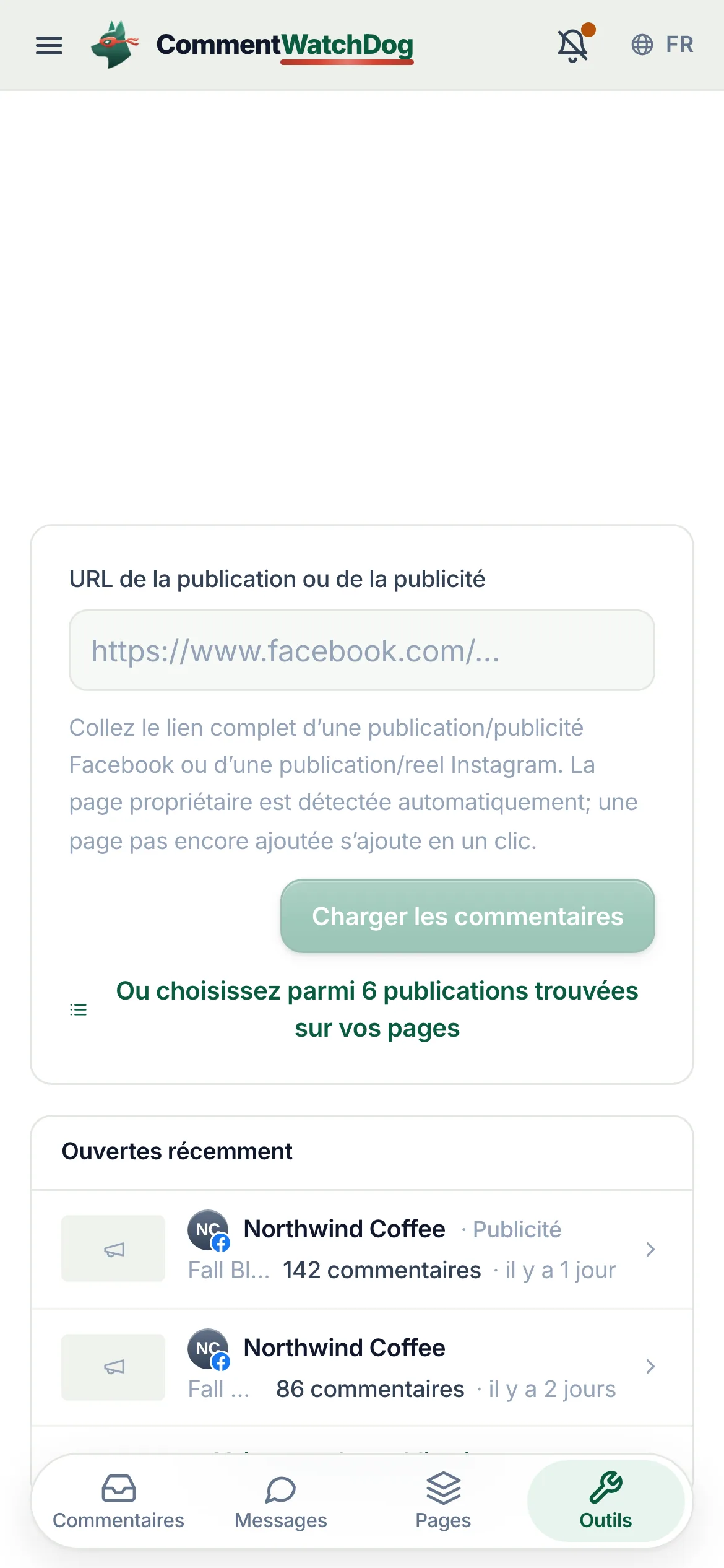 Collez le lien. N'importe quelle publication, publicité ou reel d'une page que votre compte Facebook gère. La page propriétaire est détectée ; une page pas encore ajoutée est ajoutée en un clic.