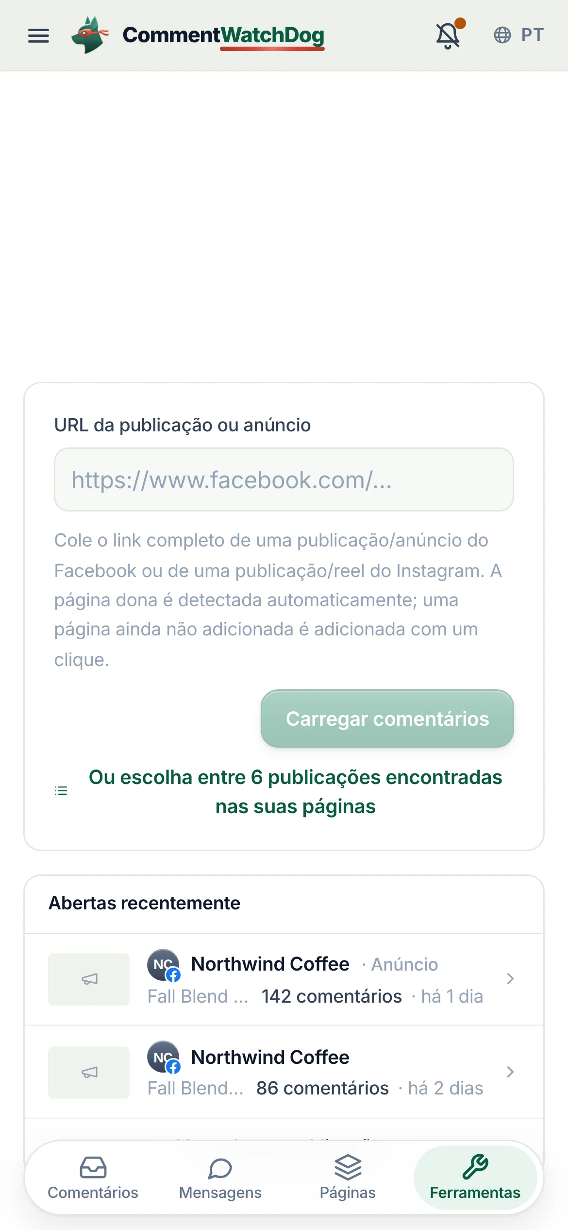 Cole o link. Qualquer publicação, anúncio ou reel de uma página que sua conta do Facebook gerencia. A página proprietária é detectada; uma página ainda não incluída é adicionada com um clique.