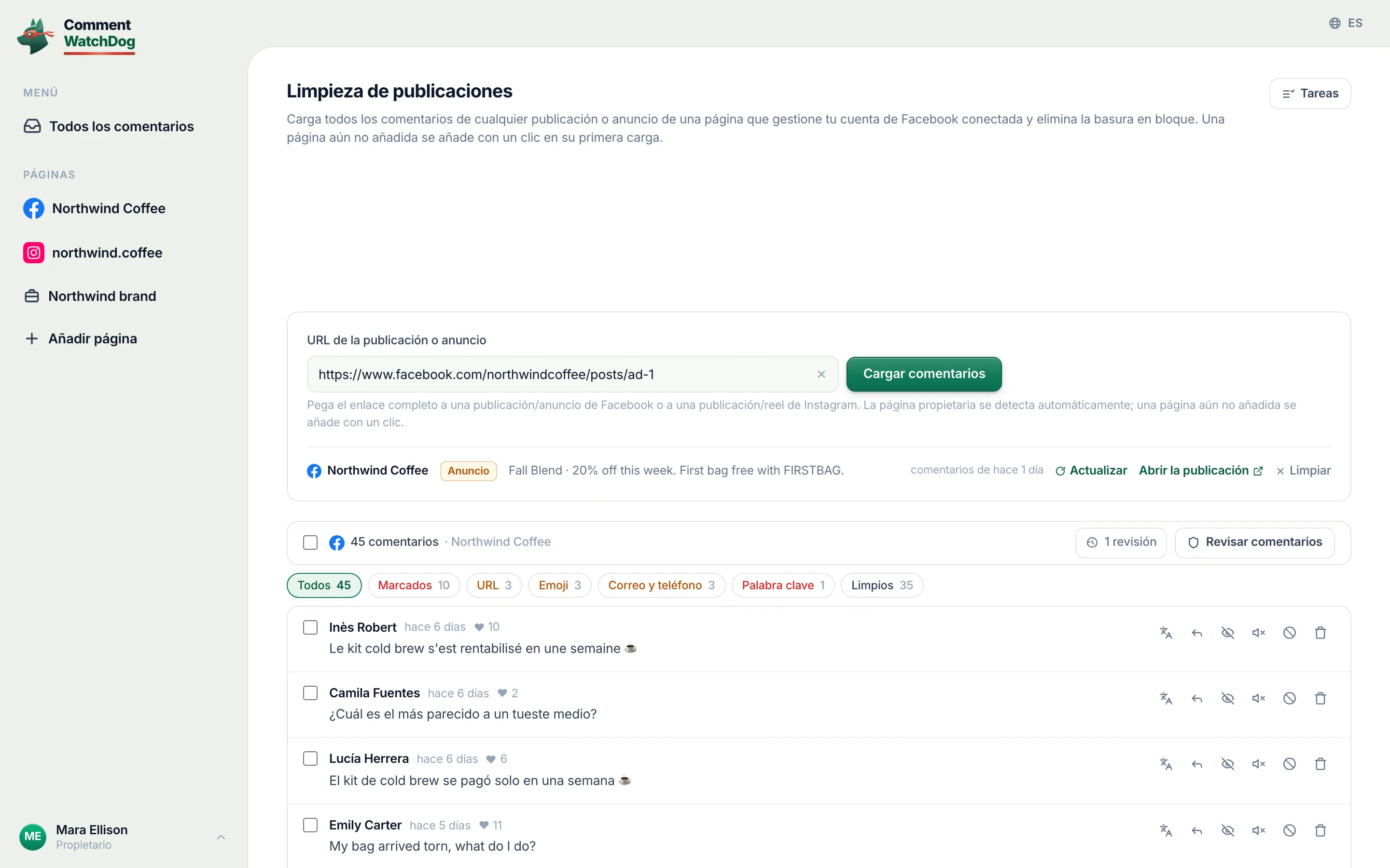 Limpieza de publicaciones con una publicación cargada: filtros, una selección en bloque y el aviso que cuenta los comentarios eliminados.