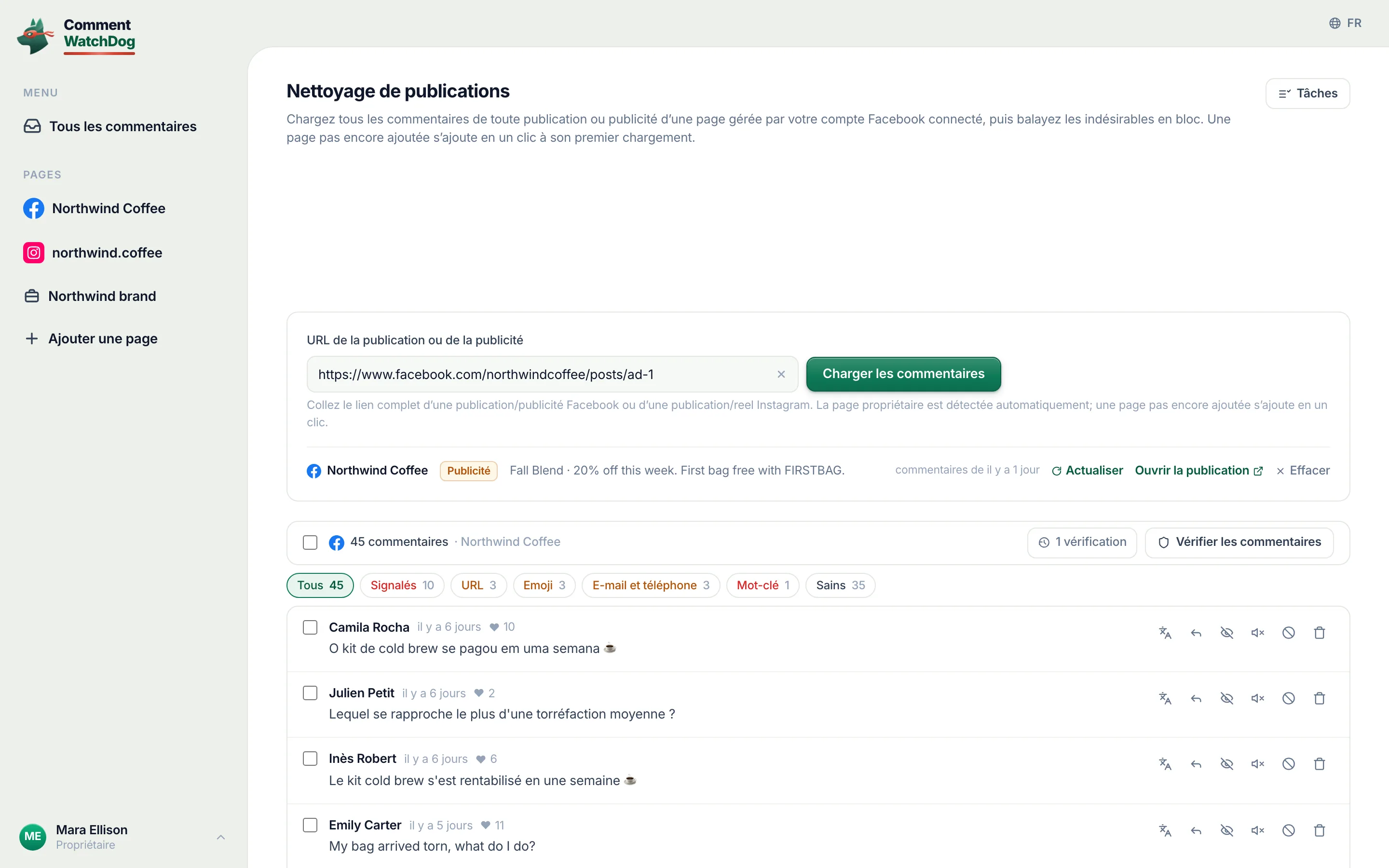 Nettoyage de publications avec une publication chargée : filtres, une sélection en masse et le bandeau qui compte les commentaires supprimés.