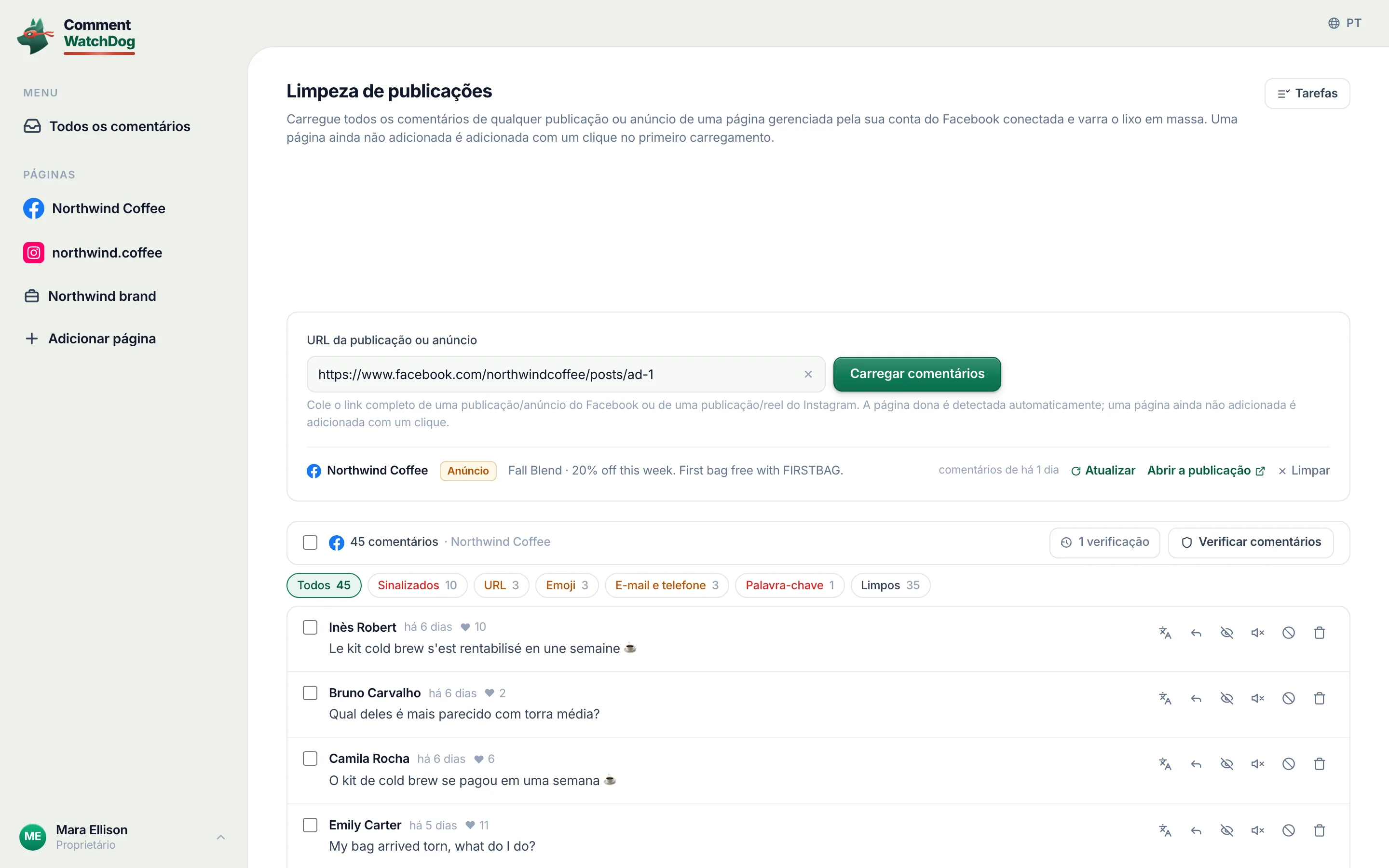 Limpeza de publicações com uma publicação carregada: filtros, uma seleção em massa e o aviso contando os comentários excluídos.