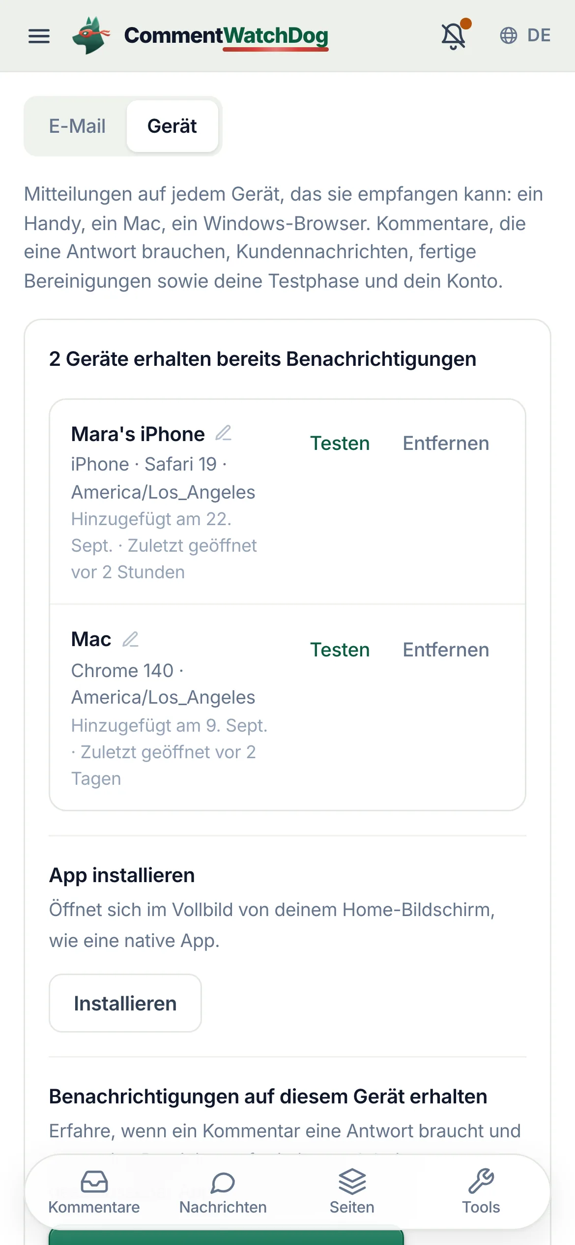 Der Tab „Gerät“ auf dem Handy, bevor Benachrichtigungen dafür an sind: zwei Geräte, die bereits Benachrichtigungen erhalten, Maras iPhone und Mac, jedes mit „Testen“ und „Entfernen“, dazu „App installieren“.