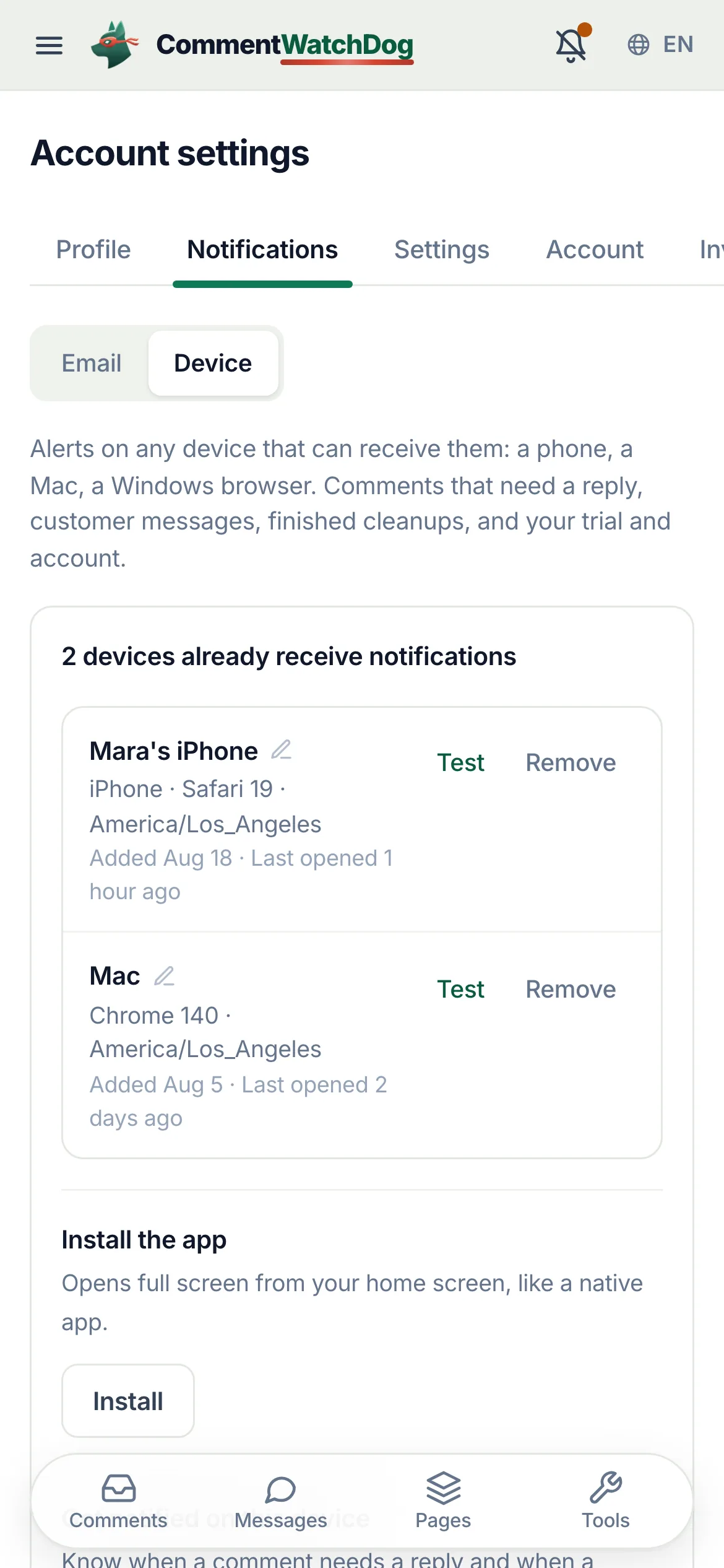 The device notifications panel on a phone with two other devices listed.