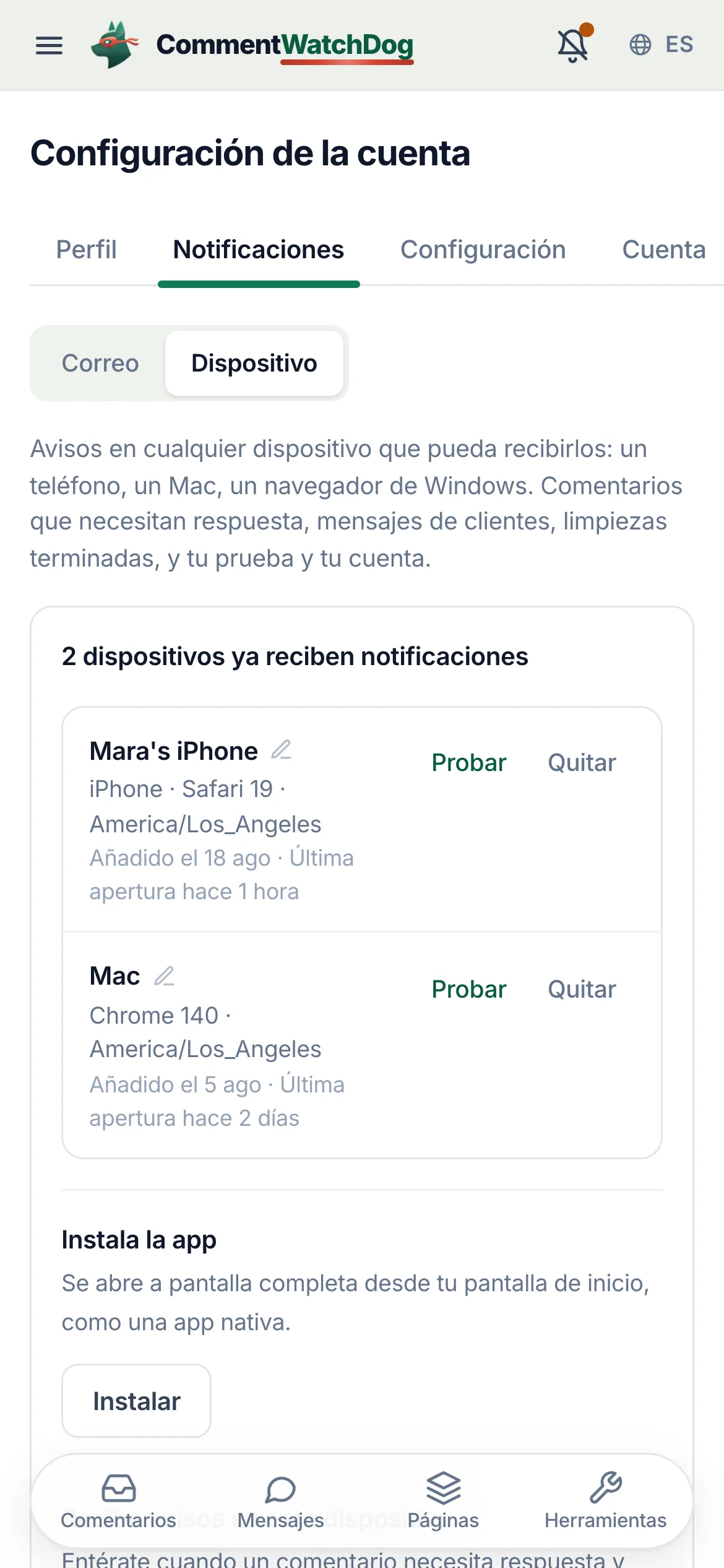 El panel de notificaciones del dispositivo en un teléfono con otros dos dispositivos listados.
