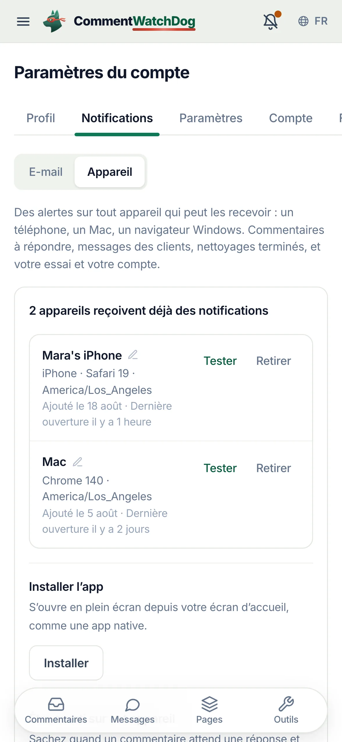 Le panneau de notifications de l'appareil sur un téléphone avec deux autres appareils listés.