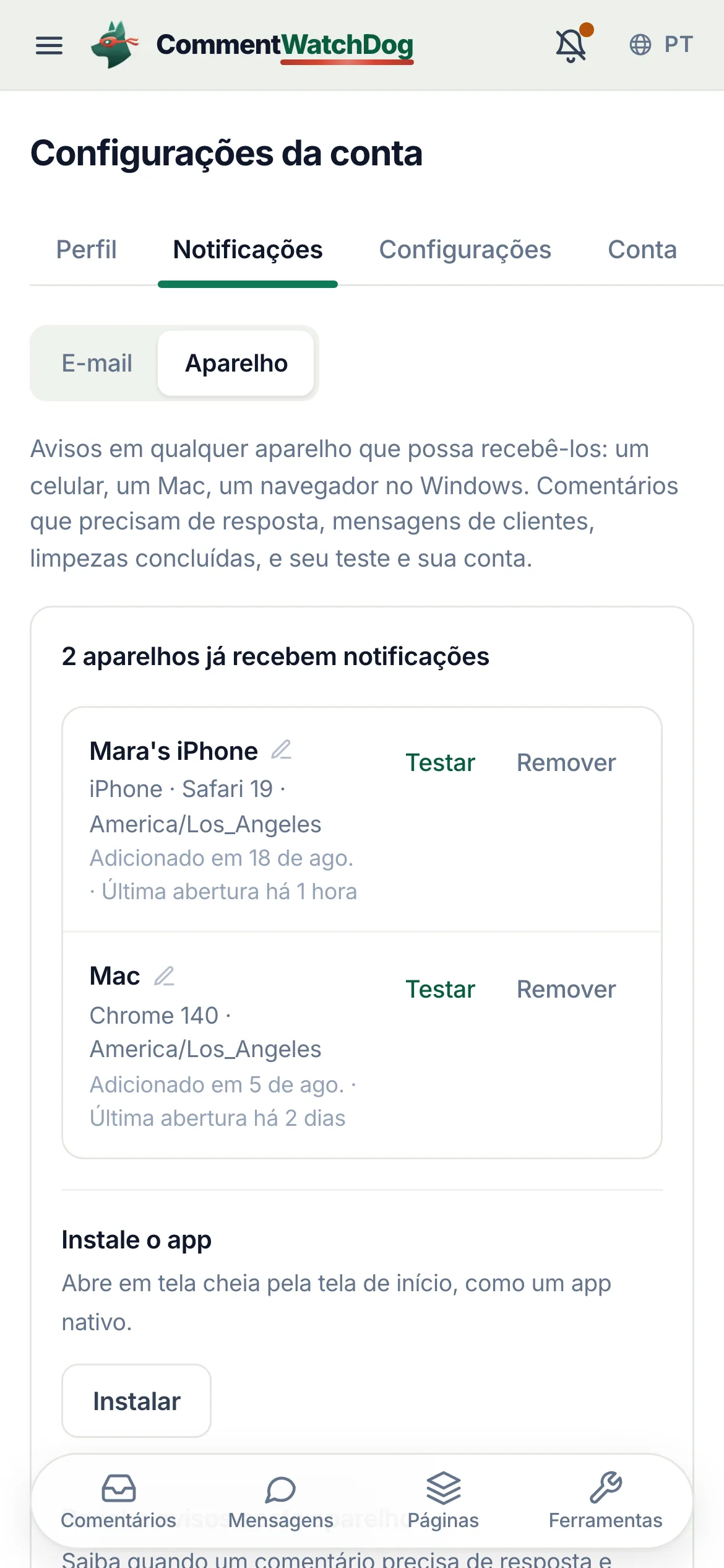 O painel de notificações do aparelho em um celular com dois outros aparelhos listados.