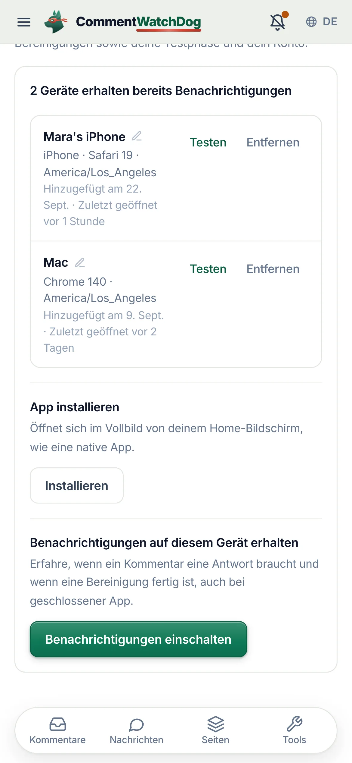 „Benachrichtigungen einschalten“ in der installierten App.
