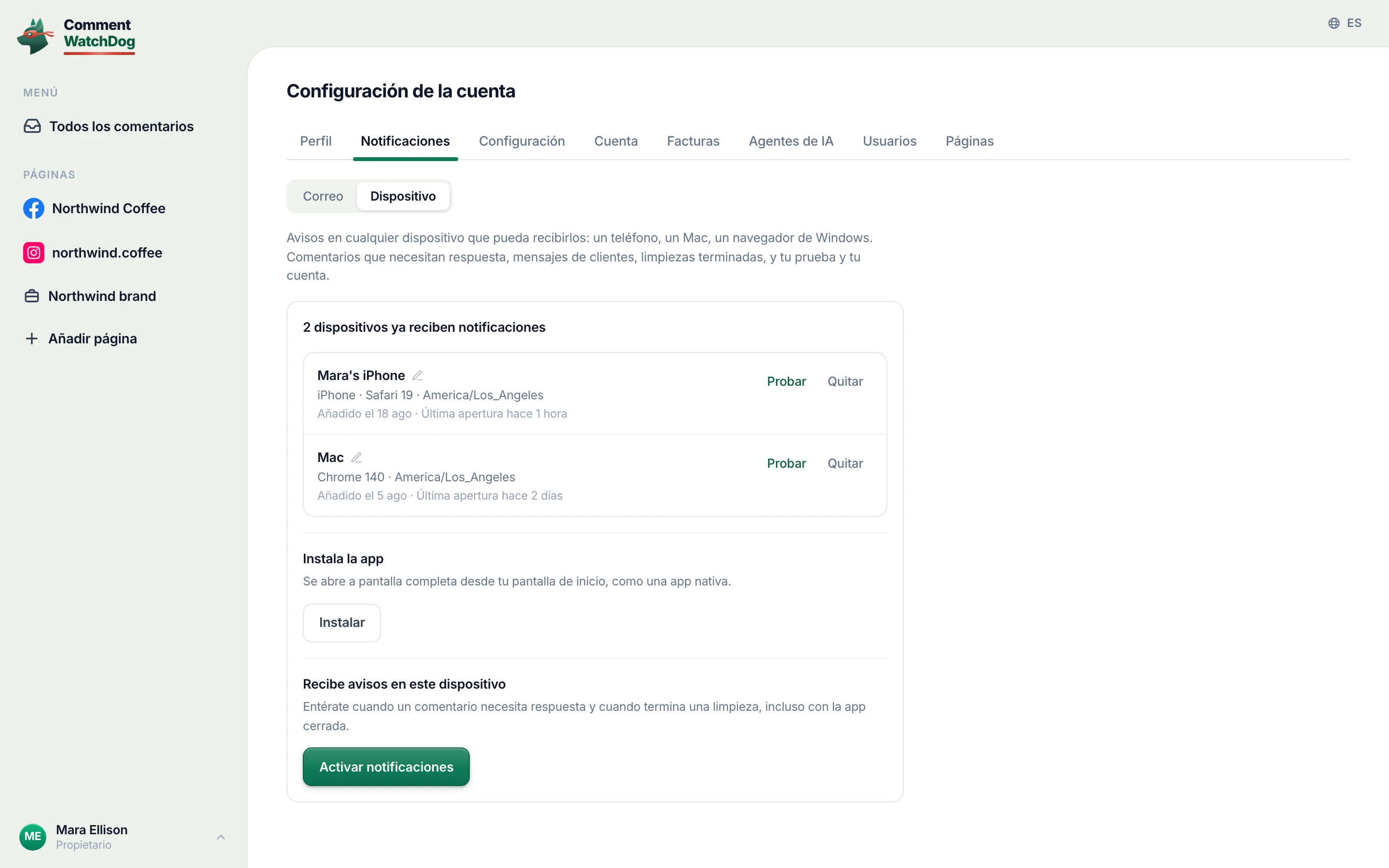 La lista de dispositivos.