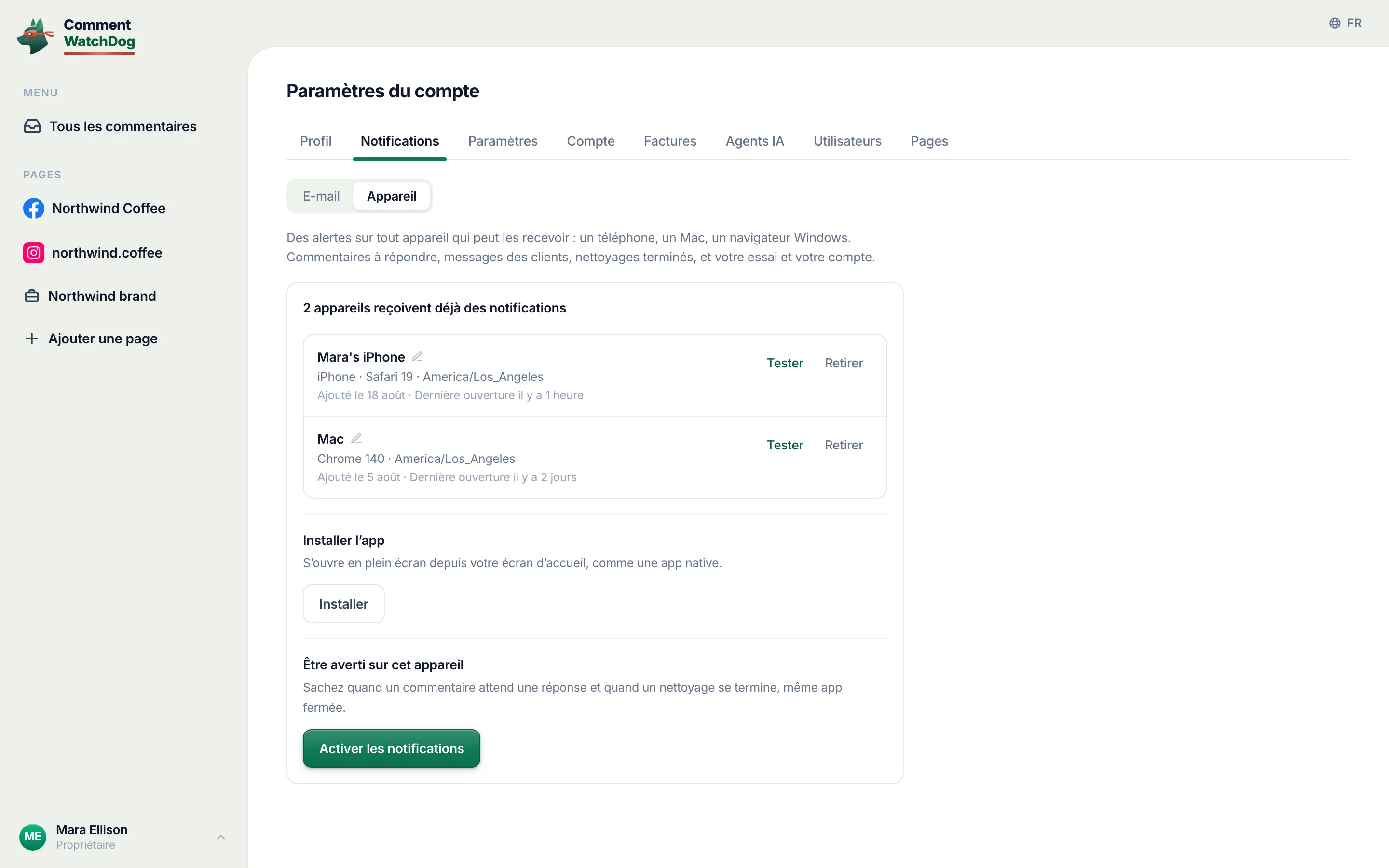 La liste des appareils.