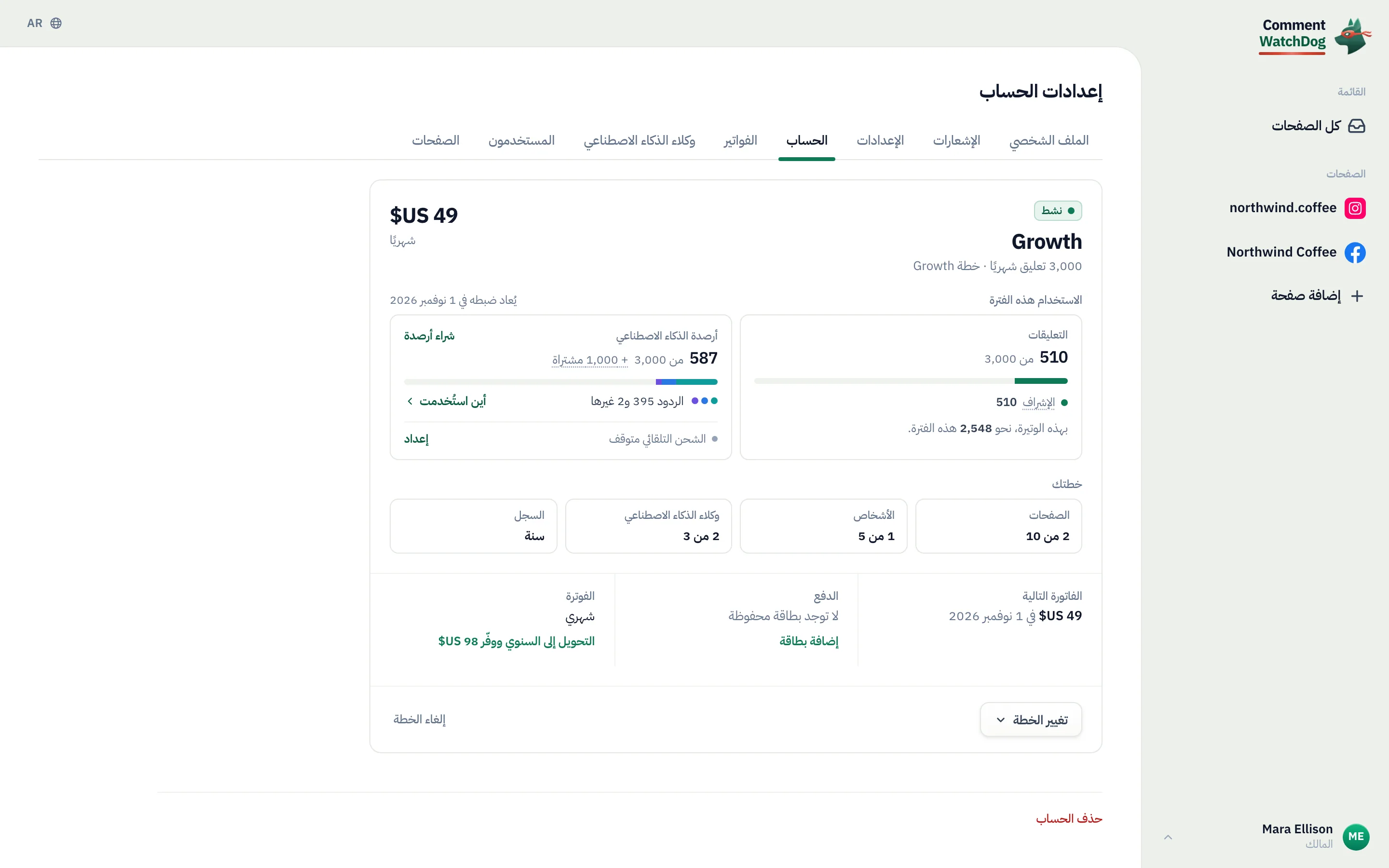 مربع «أرصدة الذكاء الاصطناعي» تحت «الاستخدام هذه الفترة».