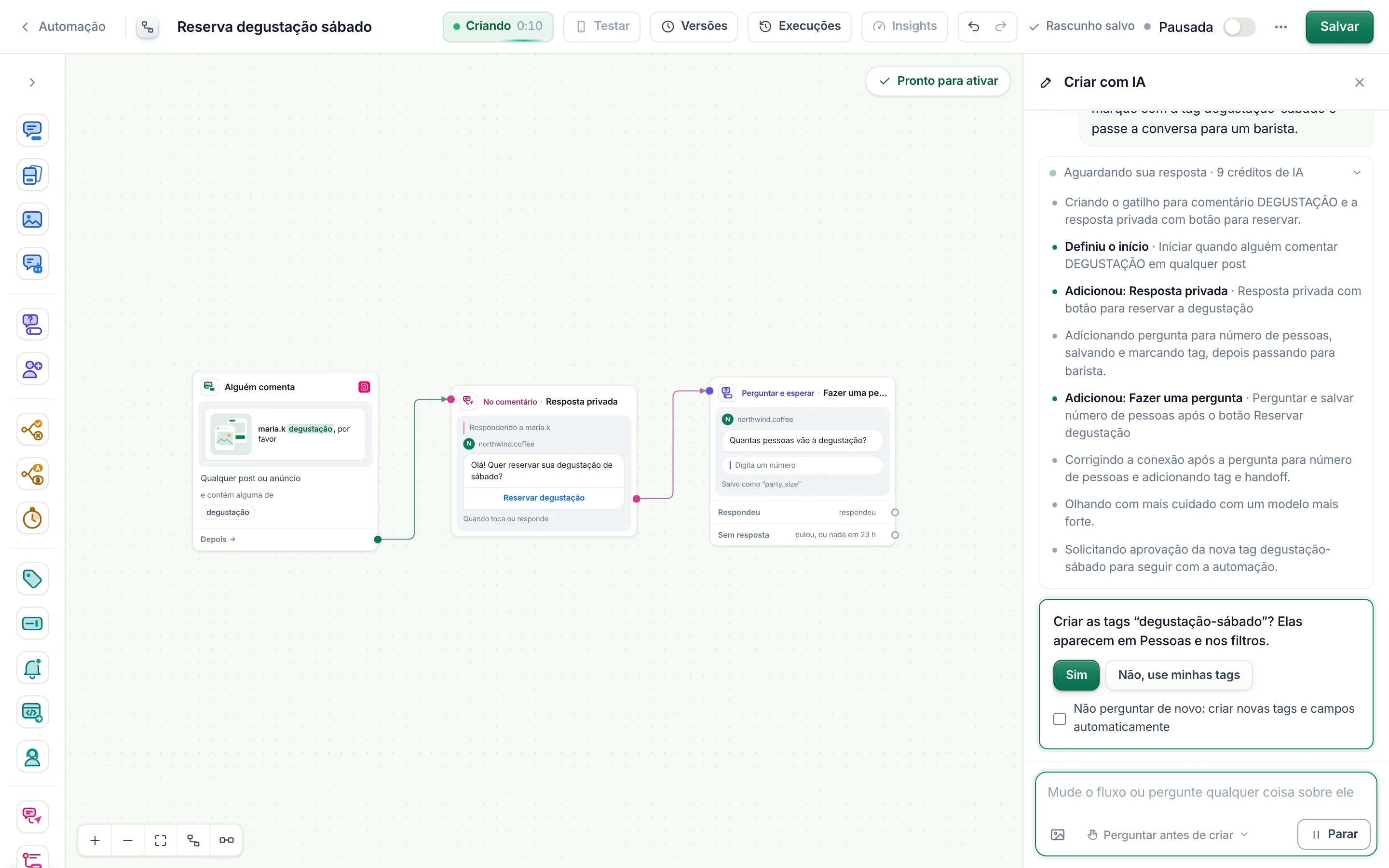 Uma pergunta no chat, com as respostas para escolher.