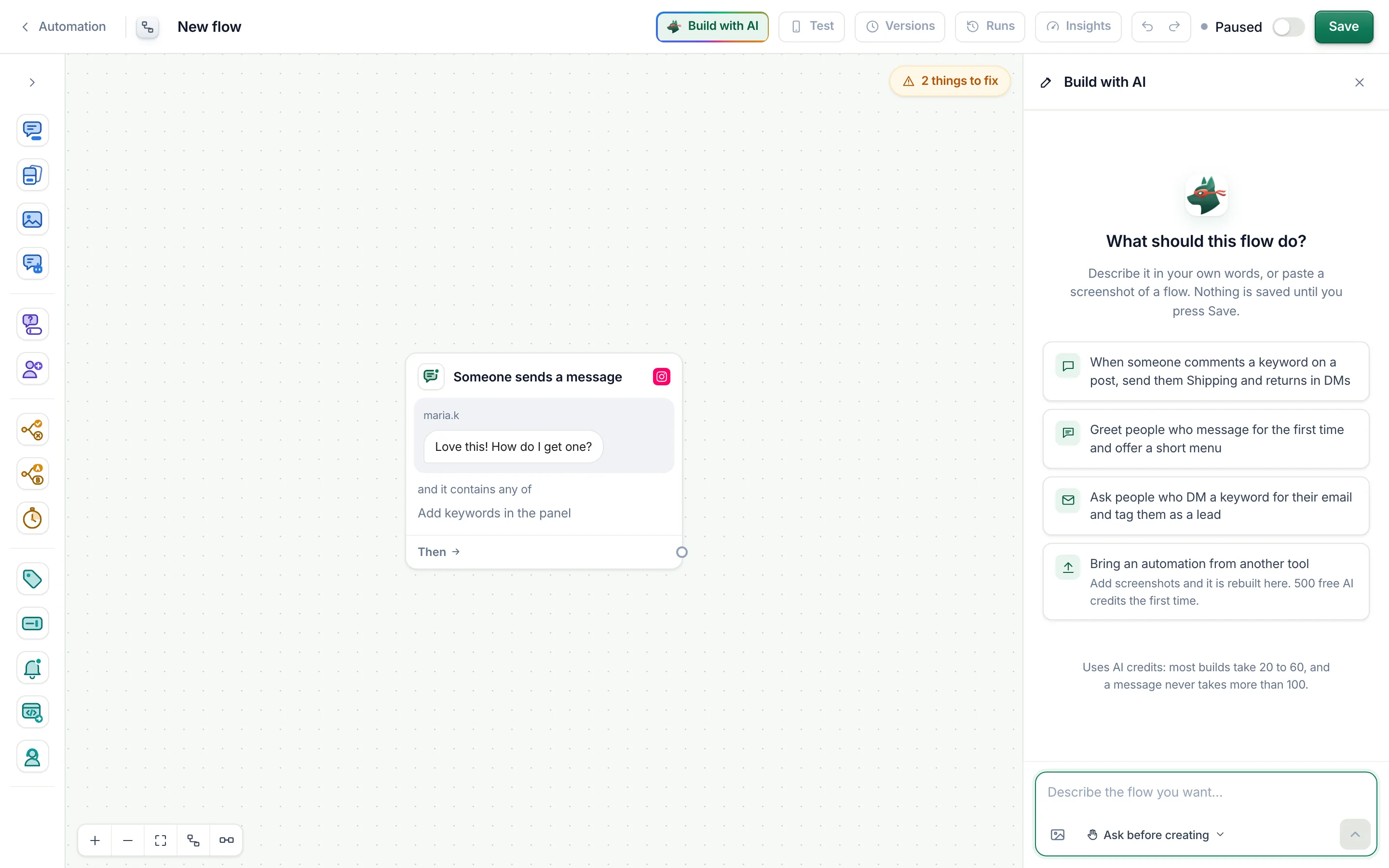 Build with AI in the bar, and the chat it opens.