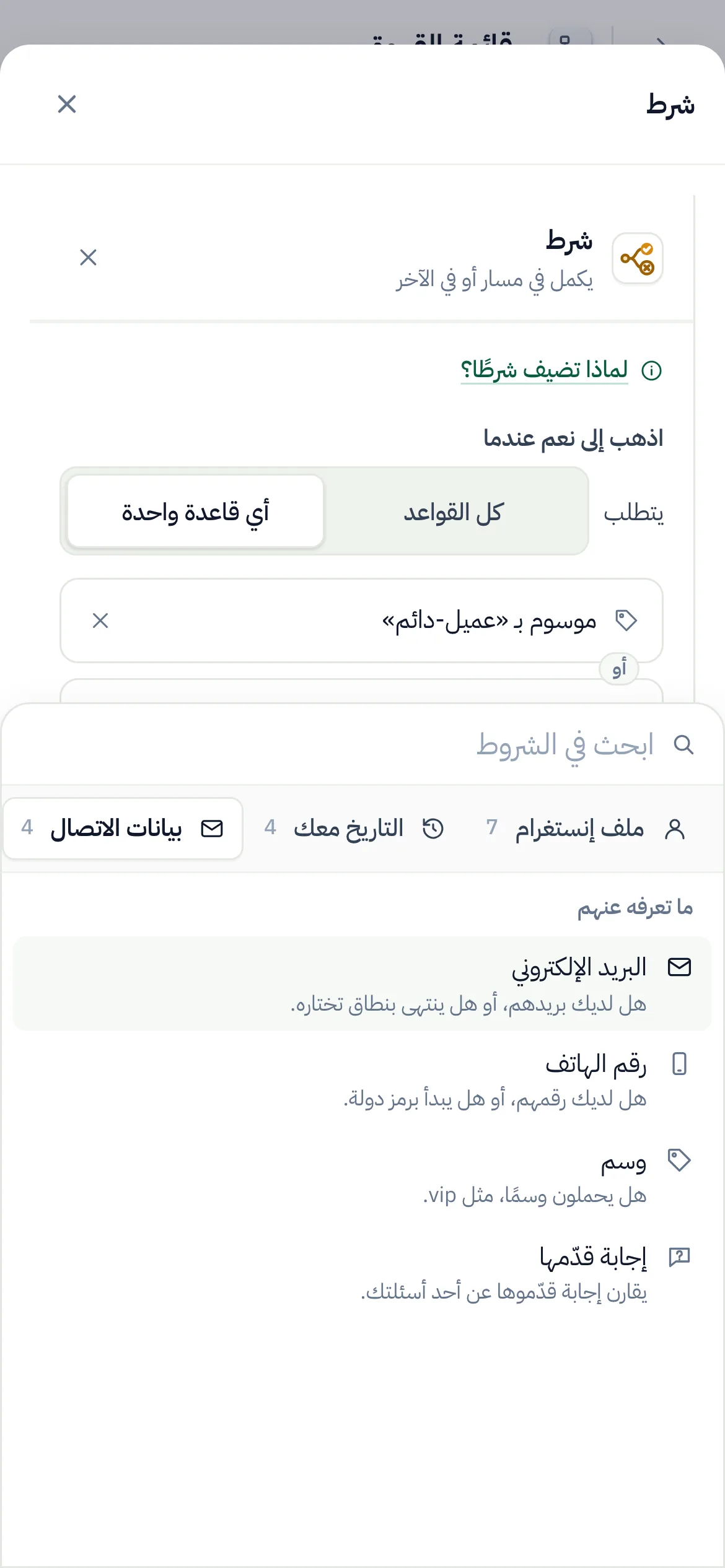 على الهاتف: «بيانات الاتصال» مختار في صف المجموعات، وفحوصه تحته.