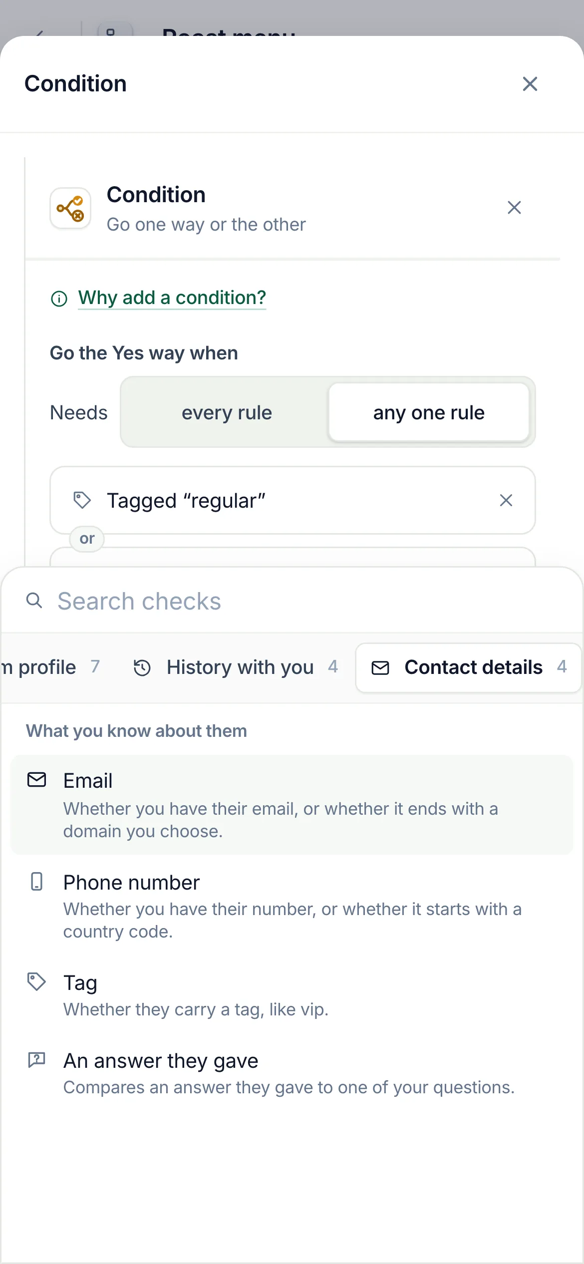 On a phone: Contact details picked in the row of groups, its checks under it.