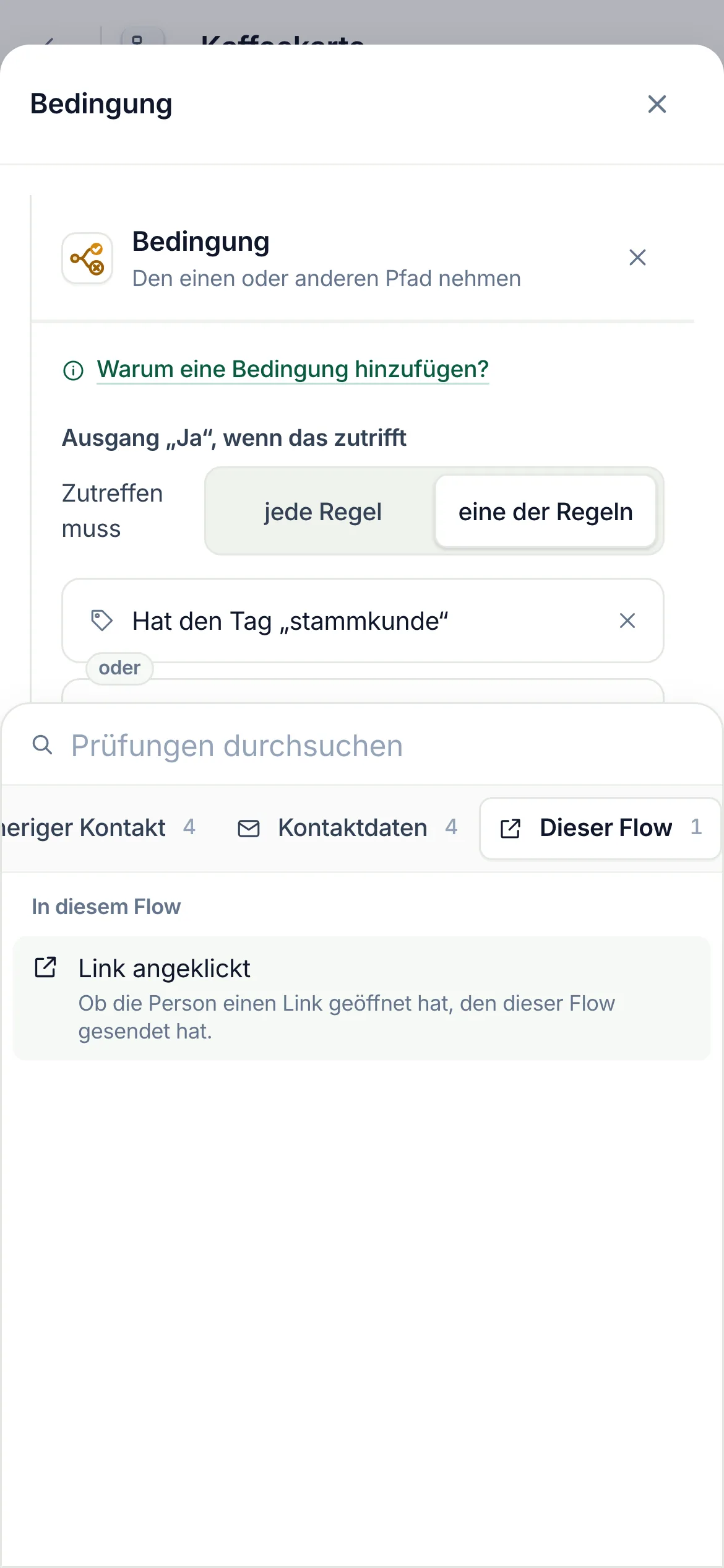 Auf dem Handy: „Dieser Flow“ in der Reihe der Gruppen ausgewählt, darunter die Prüfungen.