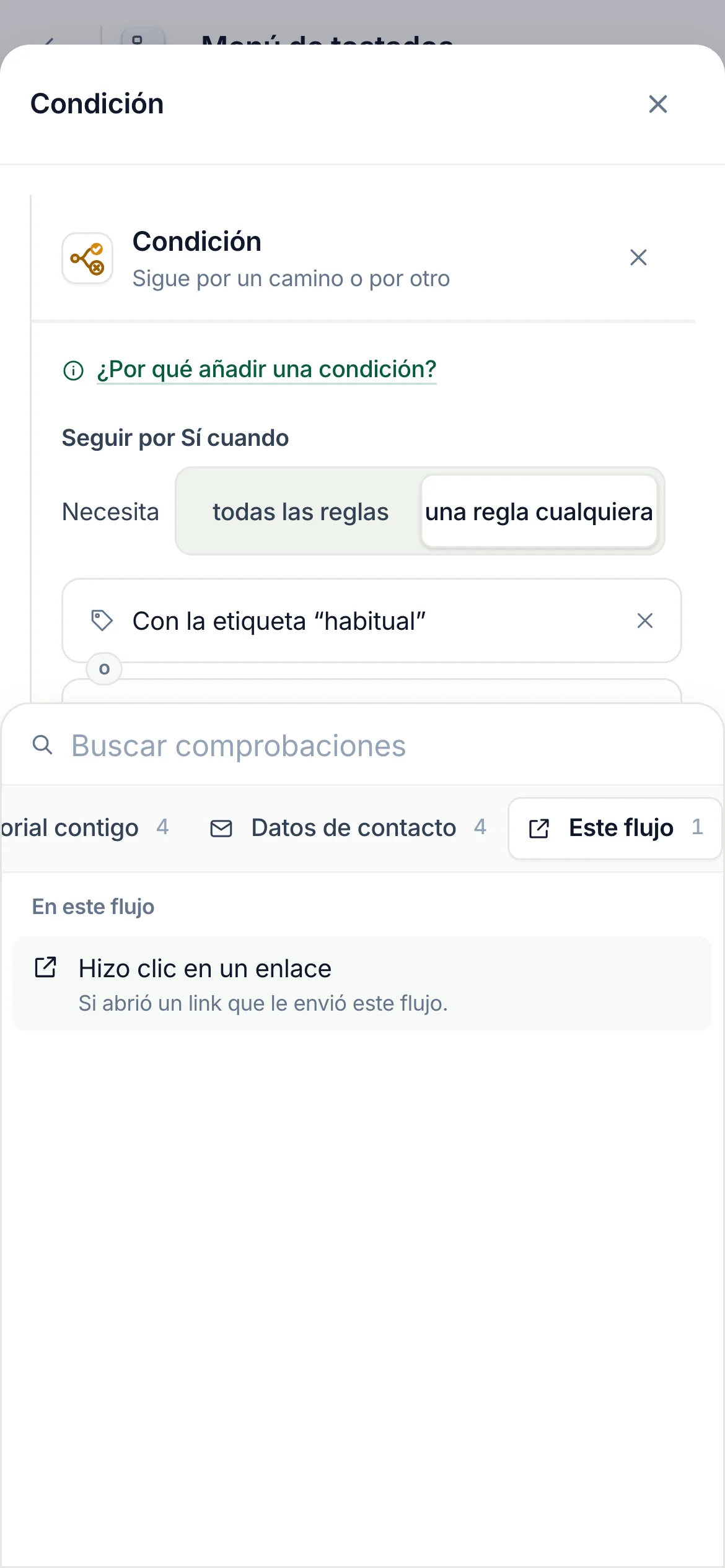 En un teléfono: Este flujo elegido en la fila de grupos, con sus comprobaciones debajo.