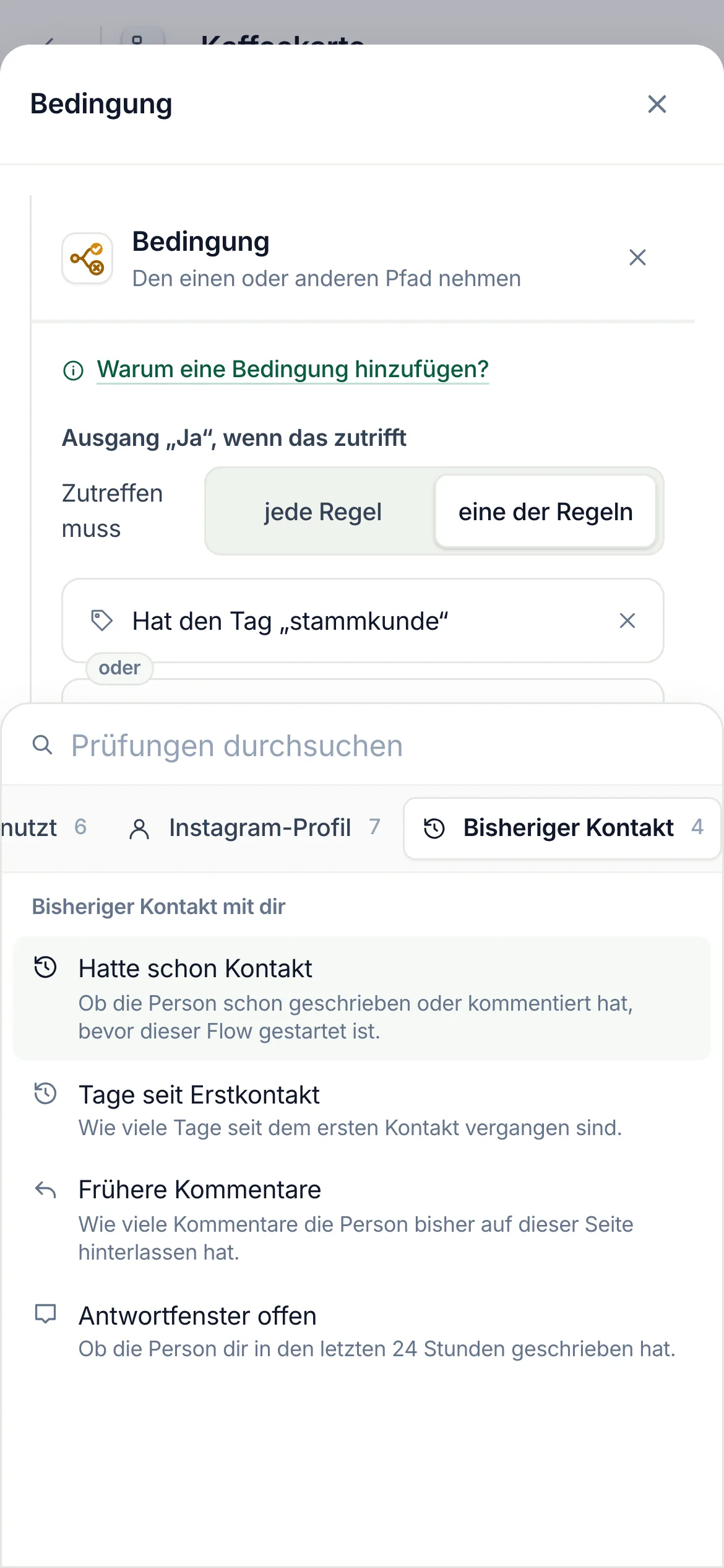 Auf dem Handy: „Bisheriger Kontakt“ in der Reihe der Gruppen ausgewählt, darunter die Prüfungen.