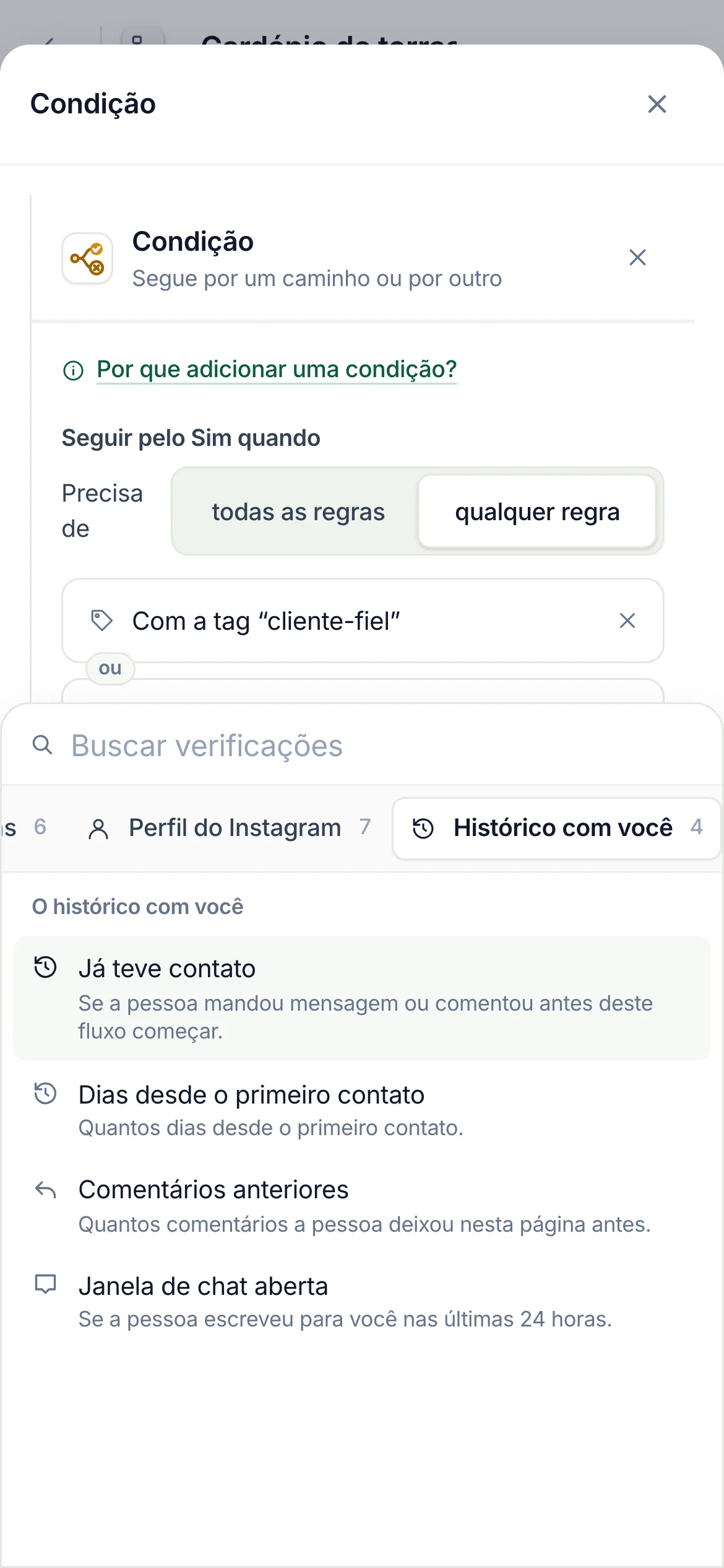 No celular: Histórico com você escolhido na fileira de grupos, com as verificações logo abaixo.