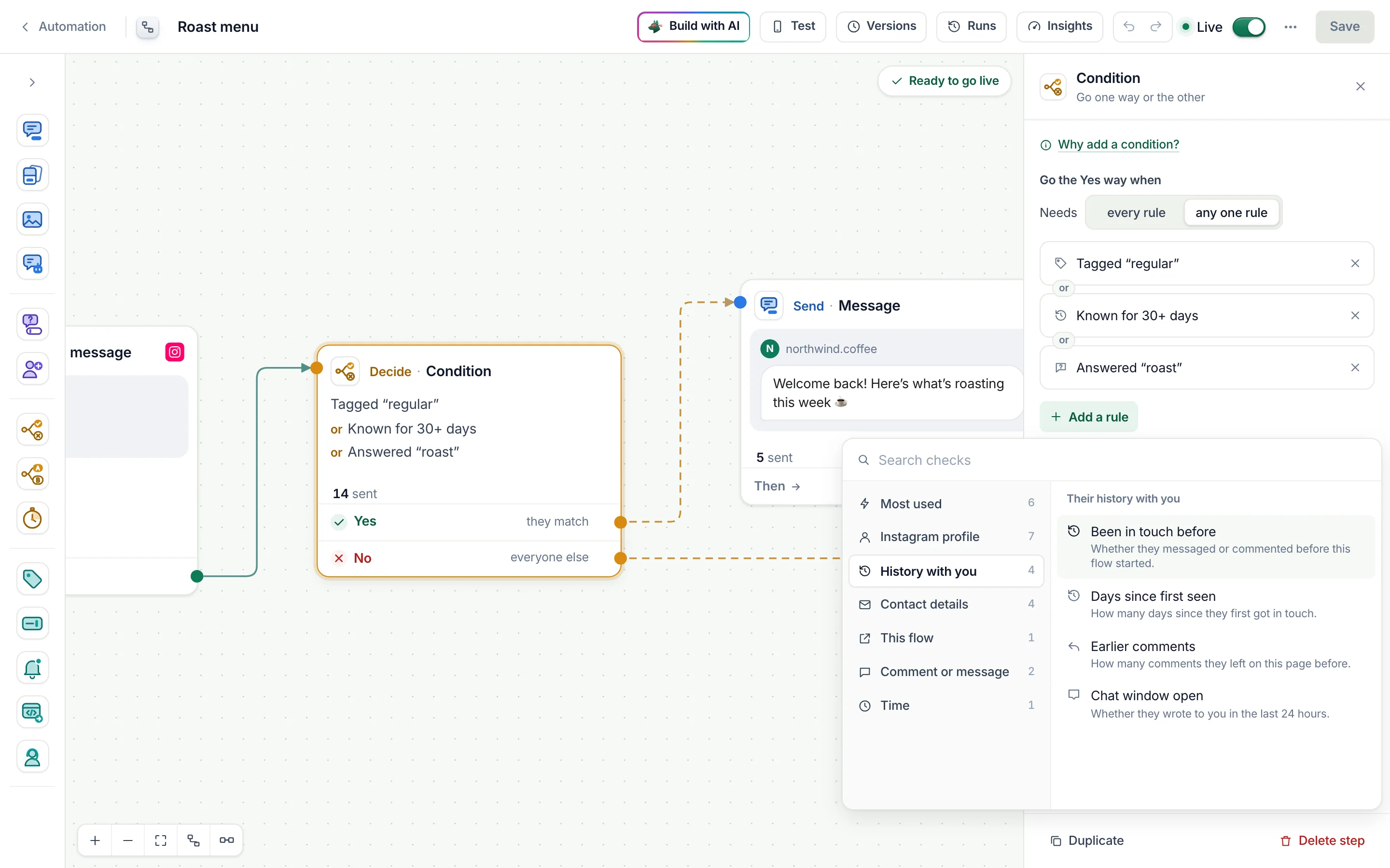 The picker with History with you open: the checks under Their history with you.