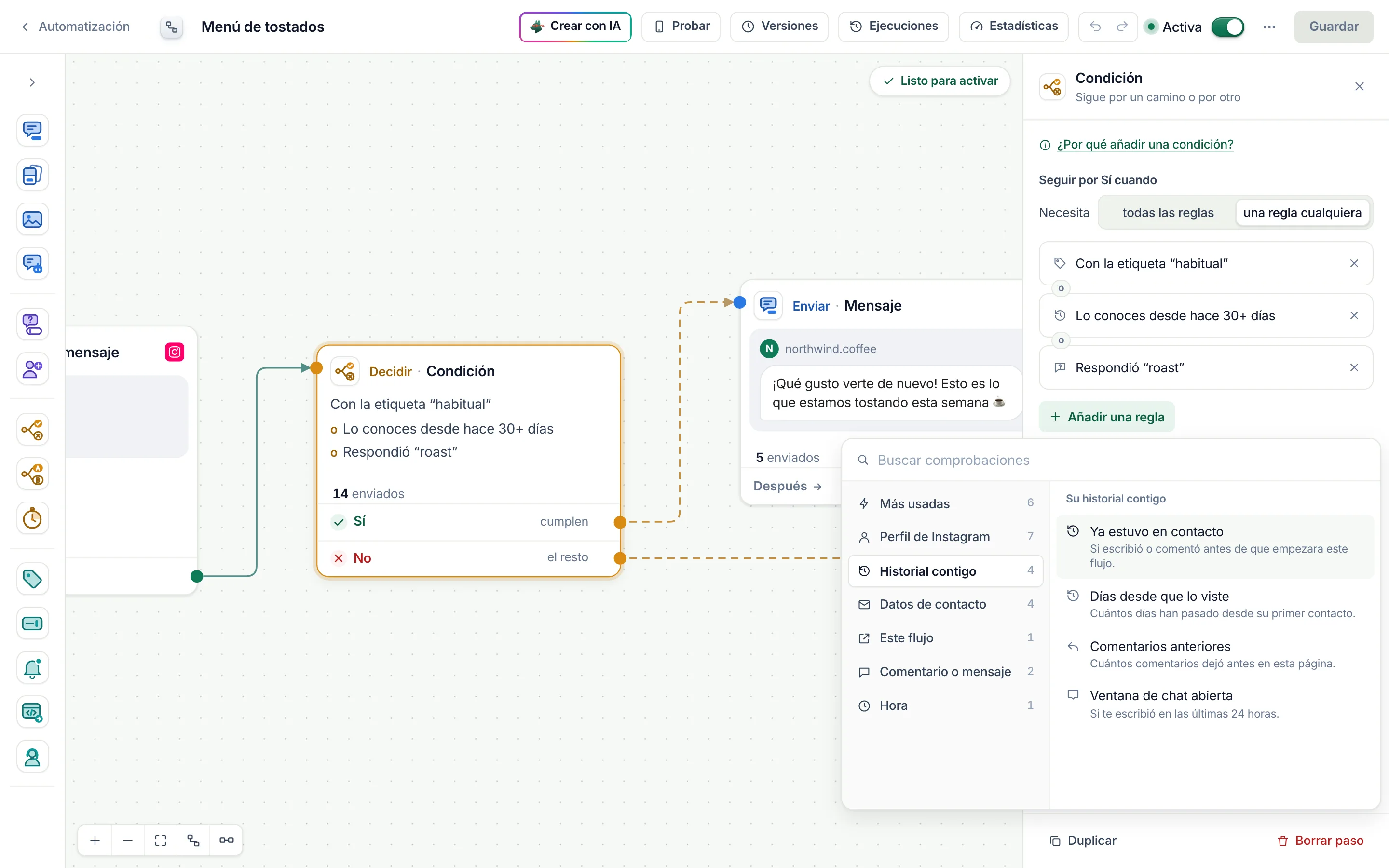 El selector con Historial contigo abierto: las comprobaciones de Su historial contigo.