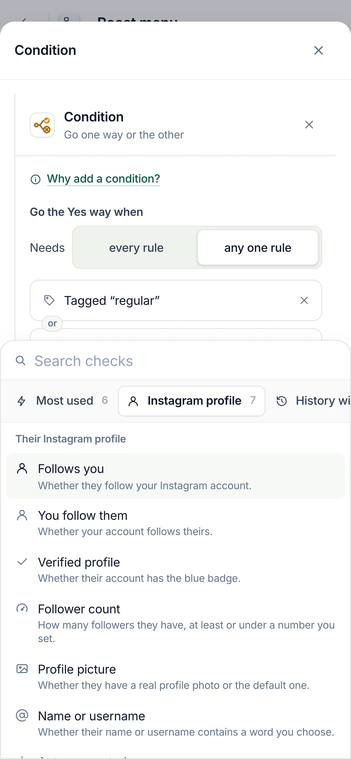 On a phone: Instagram profile picked in the row of groups, its checks under it.
