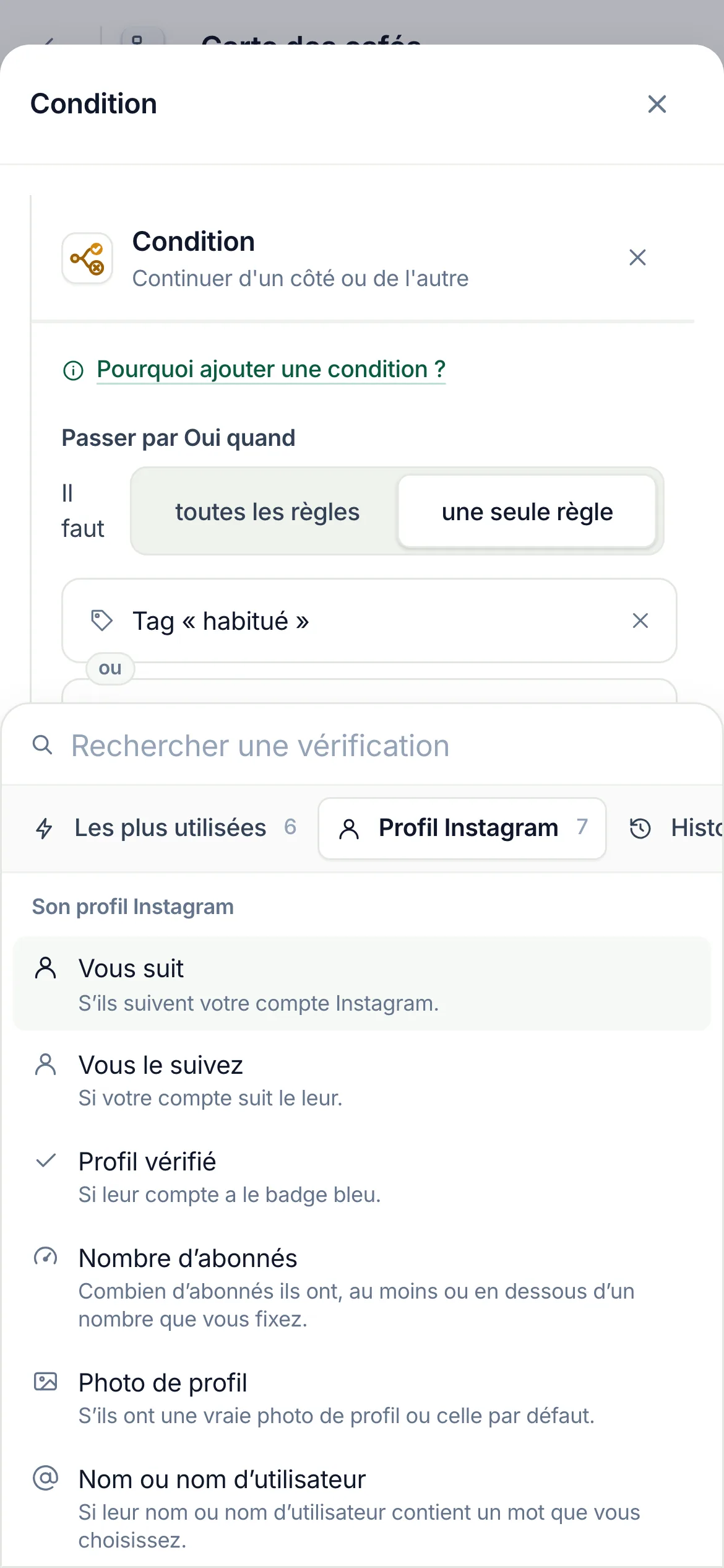 Sur un téléphone&nbsp;: Profil Instagram choisi dans la rangée des groupes, ses vérifications dessous.
