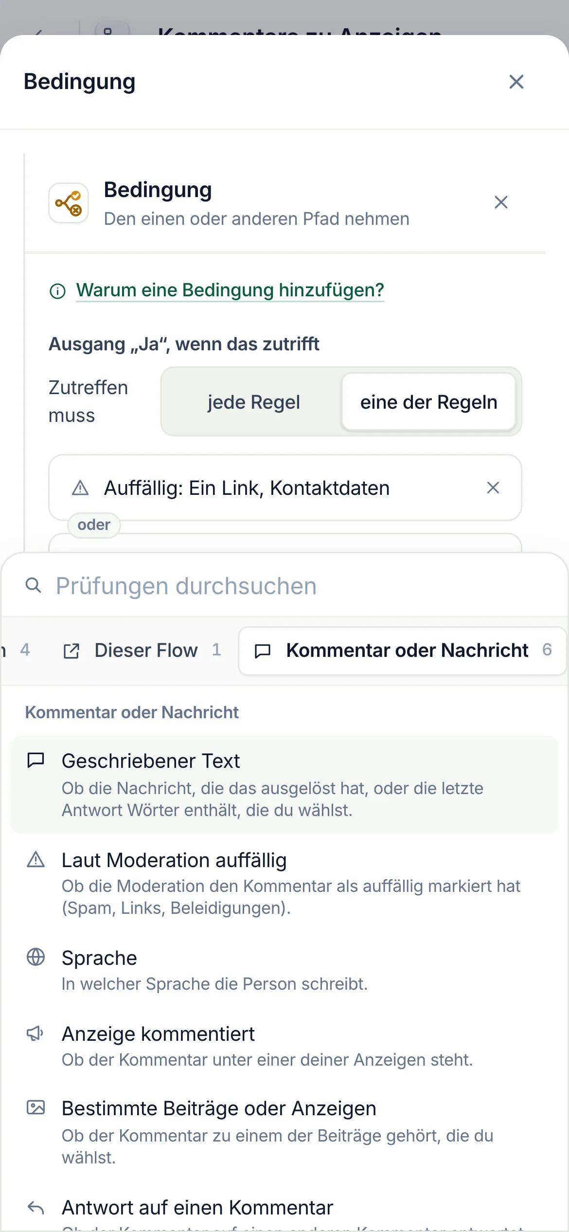 Auf dem Handy: „Kommentar oder Nachricht“ in der Reihe der Gruppen ausgewählt, darunter die Prüfungen.