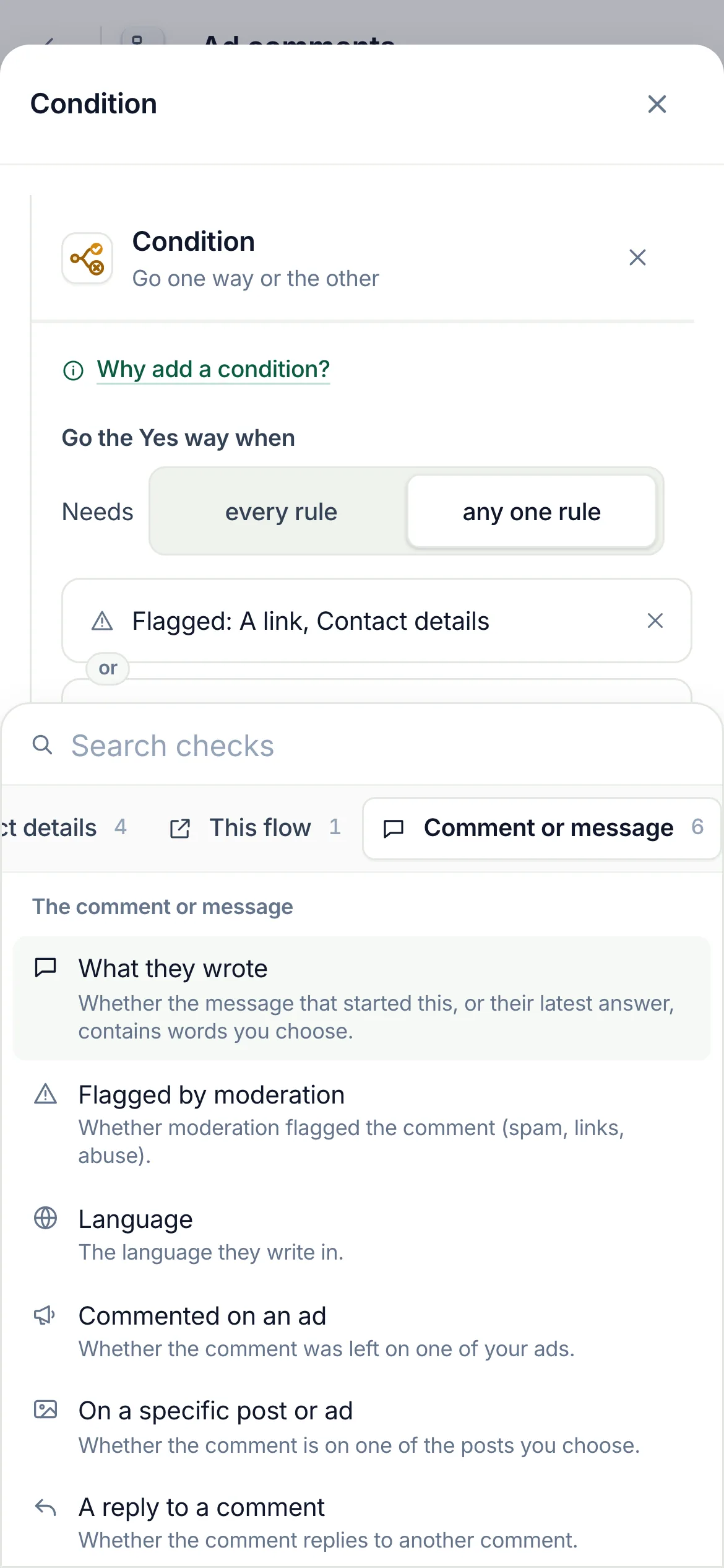 On a phone: Comment or message picked in the row of groups, its checks under it.