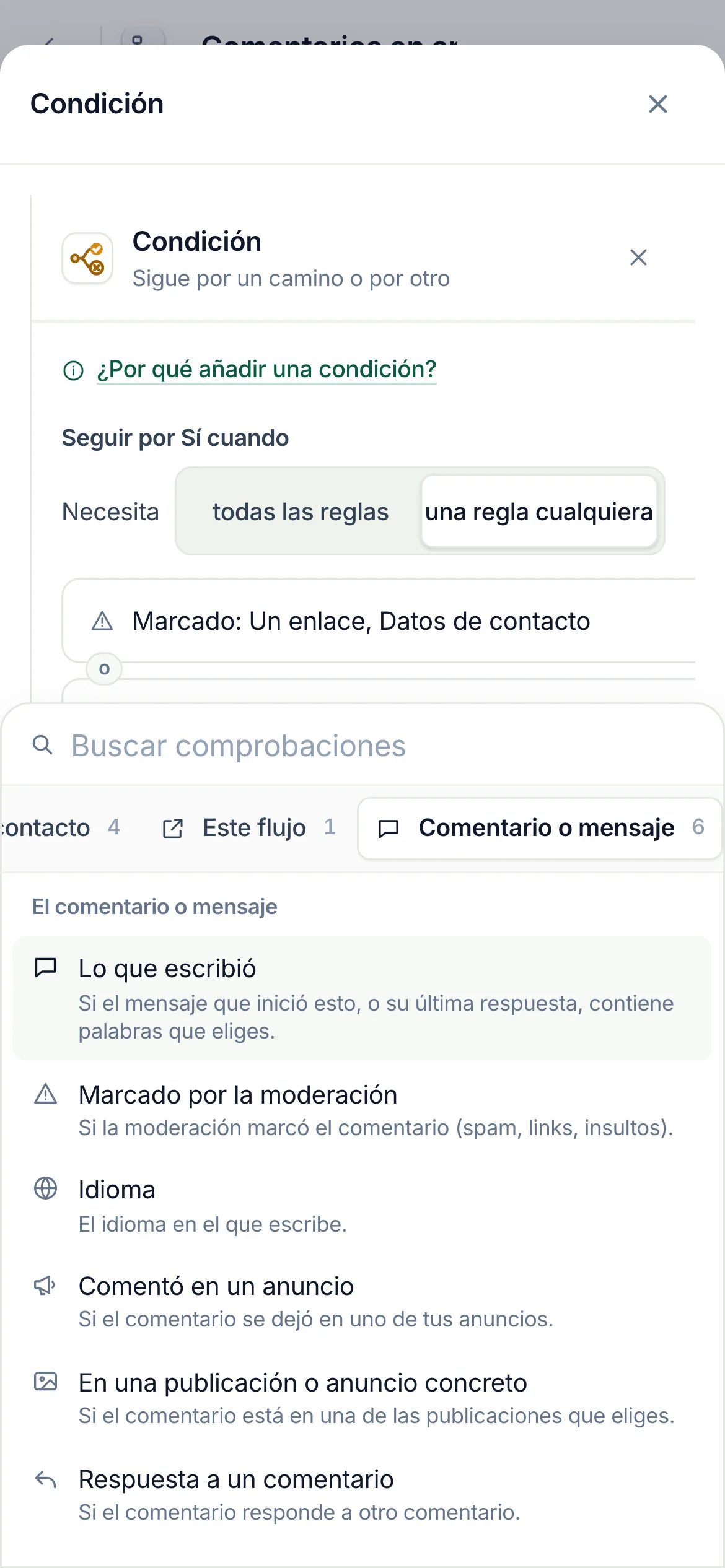 En un teléfono: Comentario o mensaje elegido en la fila de grupos, con sus comprobaciones debajo.