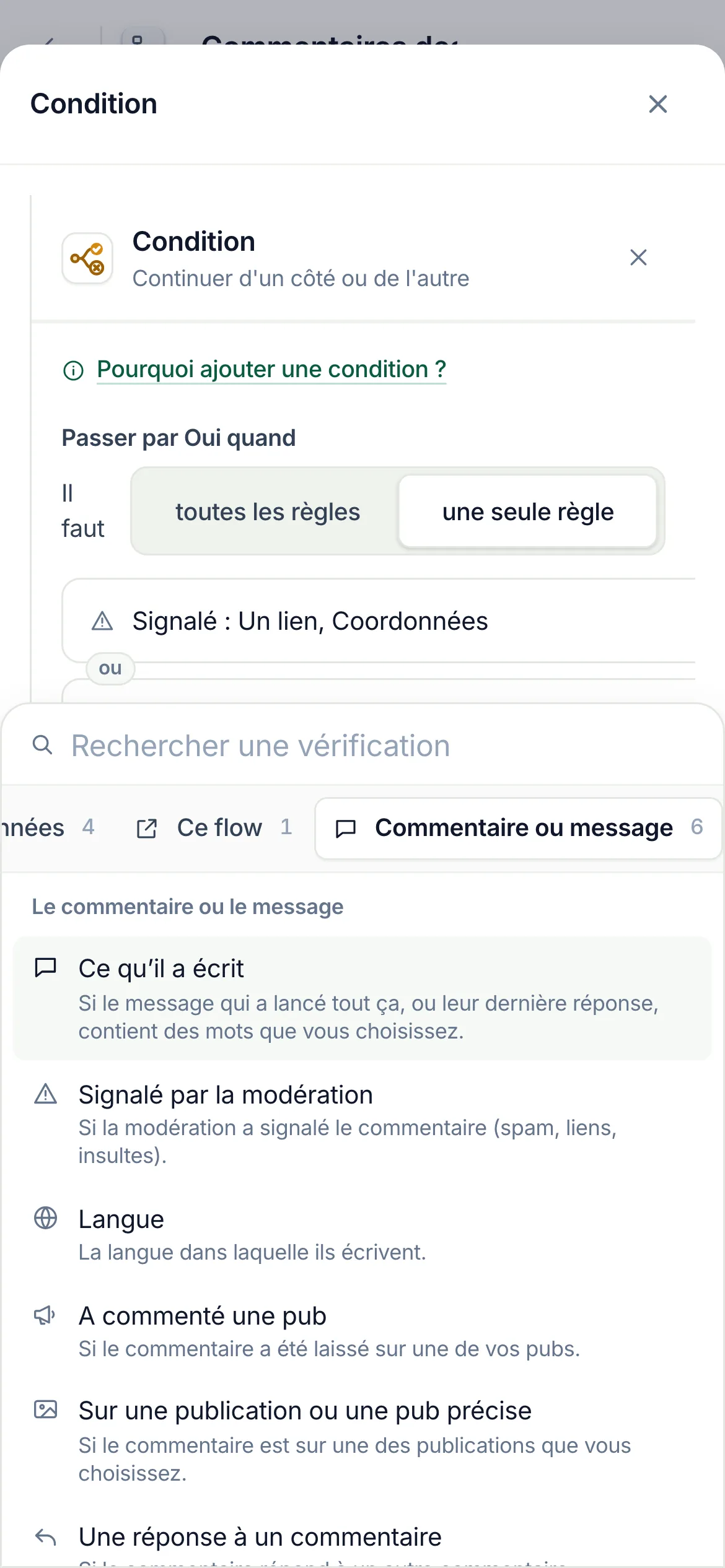 Sur un téléphone&nbsp;: Commentaire ou message choisi dans la rangée des groupes, ses vérifications dessous.