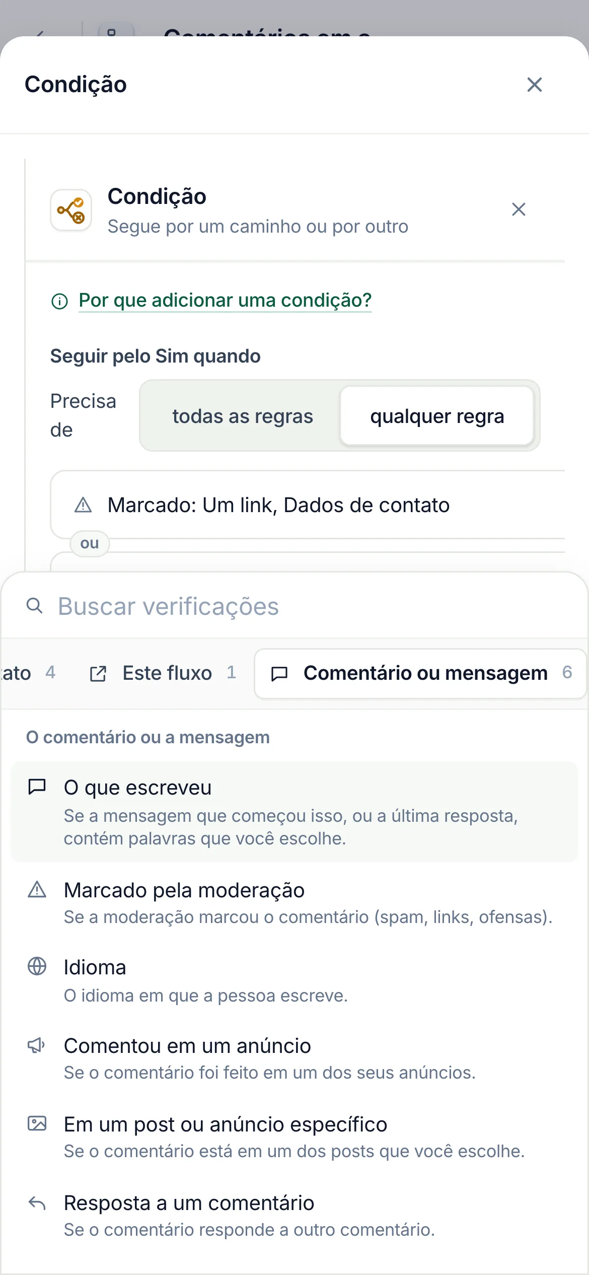 No celular: Comentário ou mensagem escolhido na fileira de grupos, com as verificações logo abaixo.