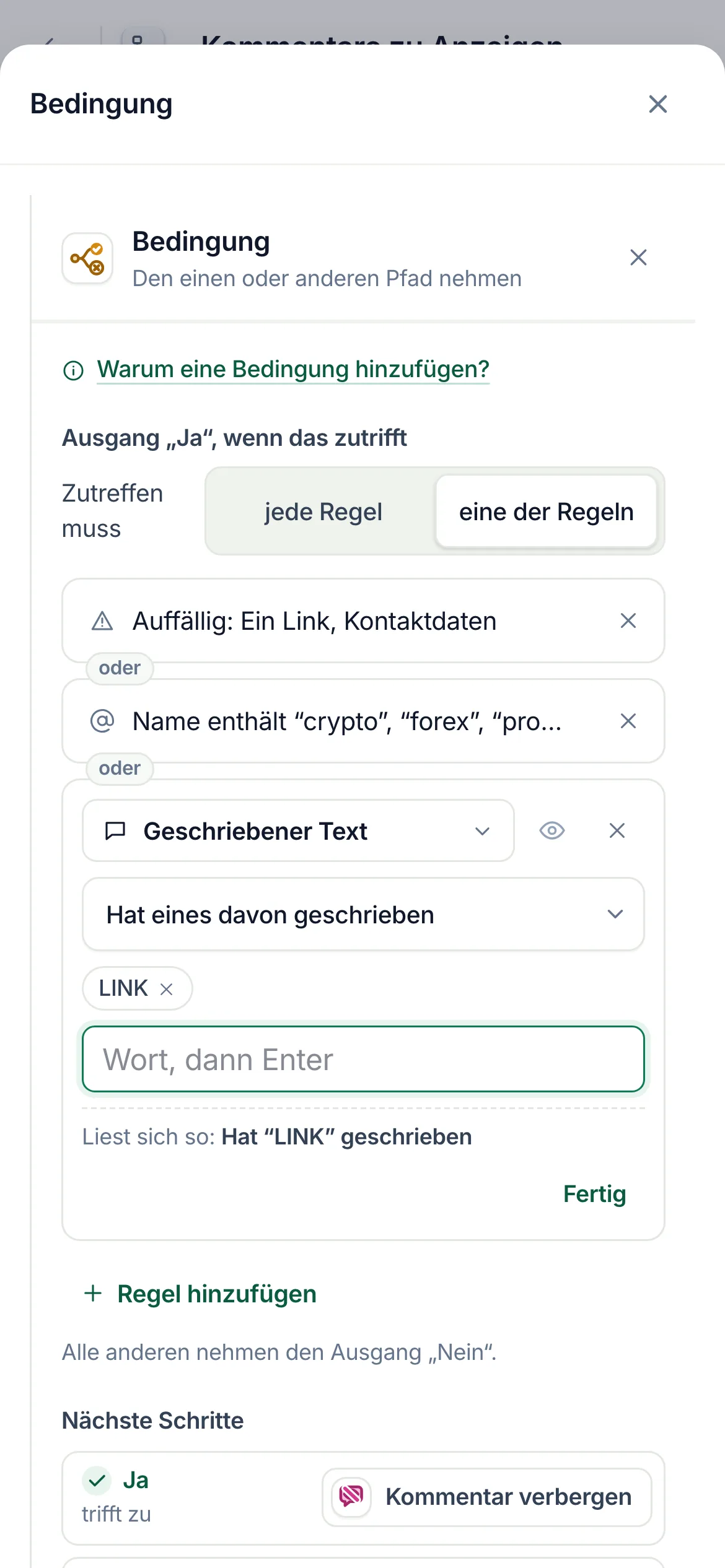 Dasselbe auf dem Handy: die Regel „Auffällig“, und „Ja“ führt zu „Kommentar verbergen“.