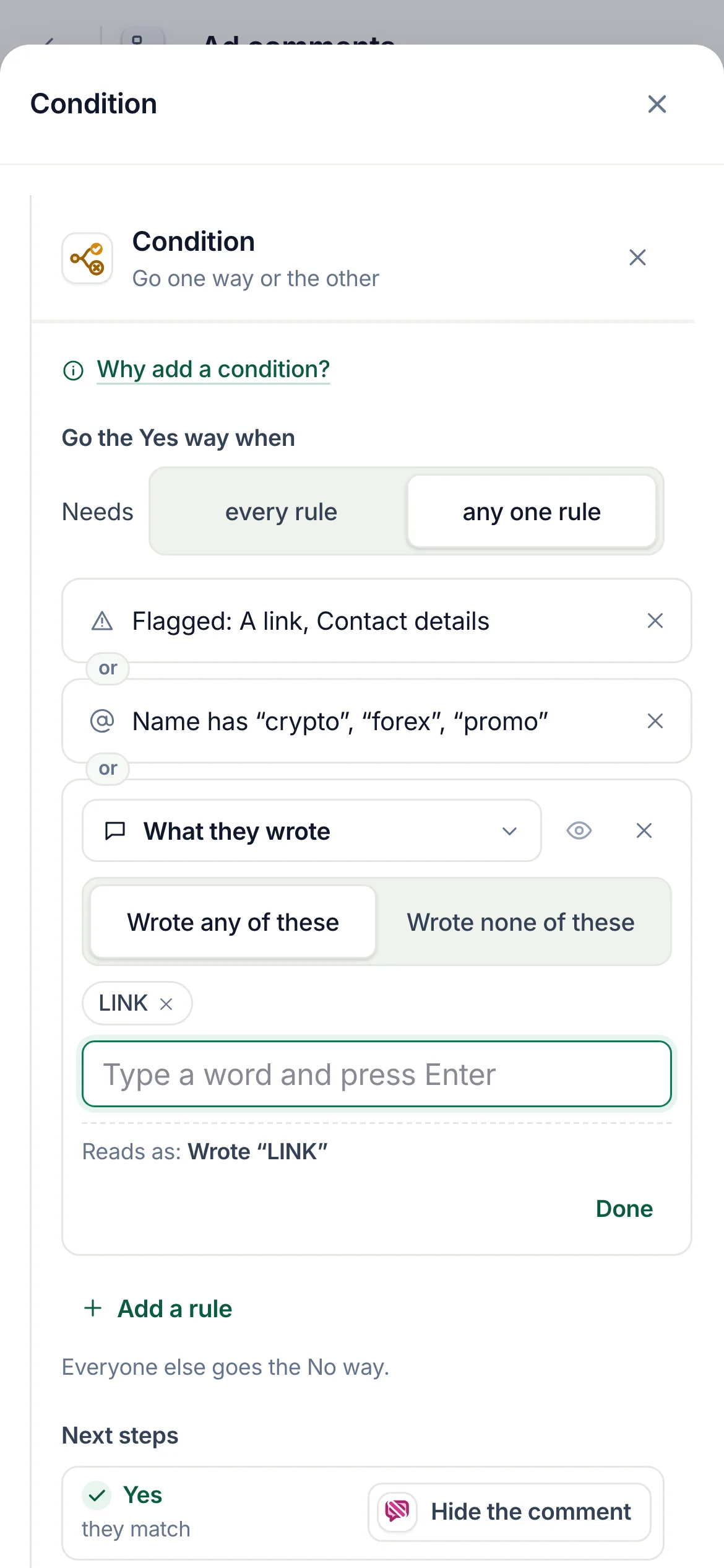 The same on a phone: the Flagged rule, and Yes leading to Hide the comment.