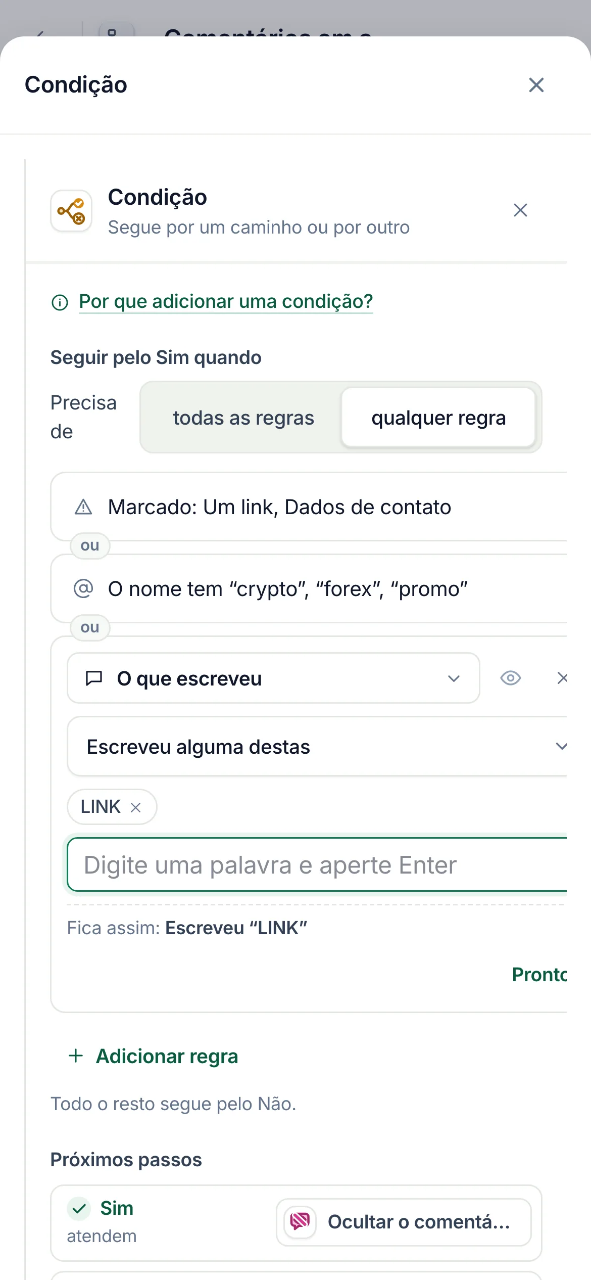 O mesmo no celular: a regra Marcado pela moderação, e Sim levando a Ocultar o comentário.
